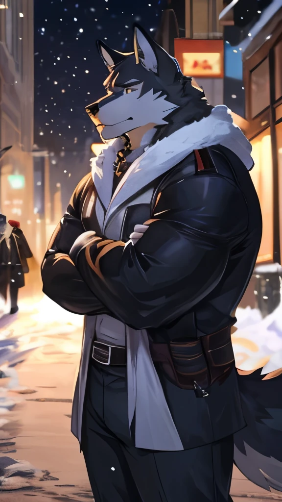 furry male wolf species has a buff and big muscle body, looking sad and depressed not smiling, the, walking in the middle of downtown full of buildings and other furry people blurred, it's snowing and it's cold