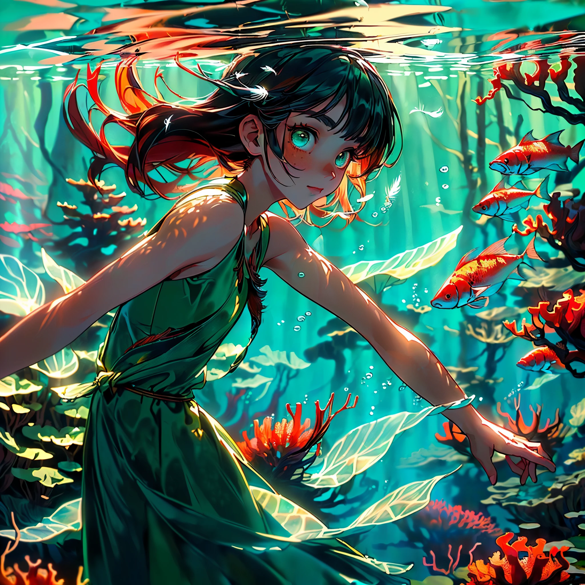 (((masterpiece))),(((best quality))),((ultra-detailed)),((underwater)),(illustration),(beautiful detailed water),((coral)),open tuck,((extremely delicate and beautiful girls)),dynamic angle,floating,(beautiful detailed eyes),(detailed light),(loli),floating hair,glowing eyes,(splash),underwater),((fishelack hair,green right eye,iceblue left eye,very long white dress,feather,nature,(sunlight),(underwater forest),(painting),(bloom),(detailed glow),(drenched),seaweed,fish,(((Tyndall effect))),face to face --s 1000 --c 20 --q 20