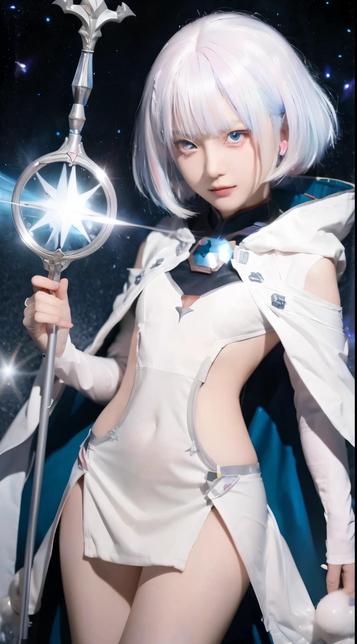 Anime style images，woman in white holding crutches, White hair deity, Beautiful celestial mage, 灵感a scene from李其士, Astral Witch Clothes, a scene from《Brave Breakthrough II》, Complete portrait of the elements, White hair, Female Mage Portrait, Art germ jsc, ash, Portrait of a knight of the zodiac girl, Art germ. high detal，，Medium chest