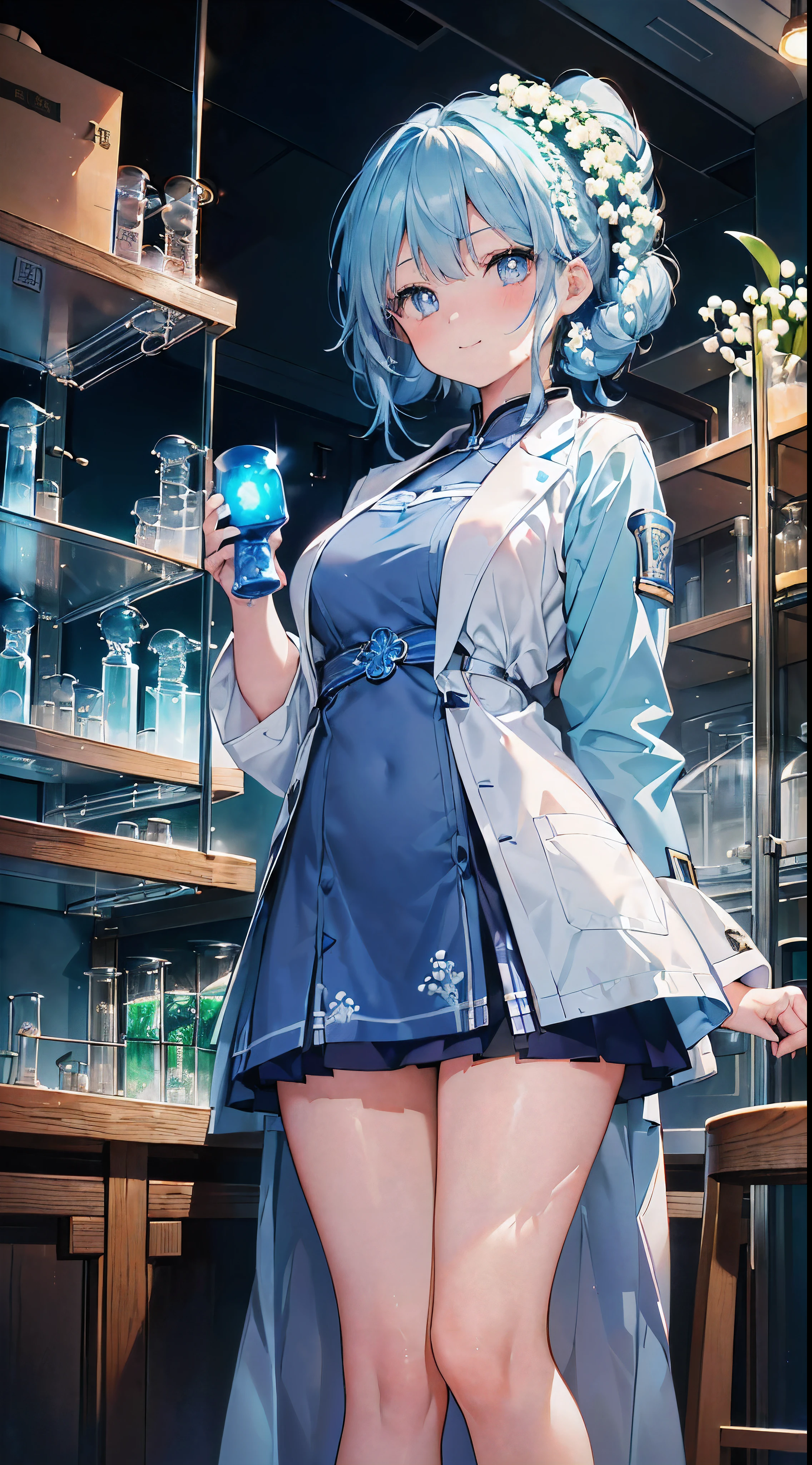 1人の女性，((20yr old))，((lightblue hair))，(((indigo pupils)))，((Wear a light blue dress))，((Wearing light blue stockings))，((medium  tits))，(((The right hand holds a light blue round flask))),((当安妮海瑟薇20yr old时脸部轮廓))，((light  smile))，(((Chemistry lab background)))，(((Clothes decorated with lily of the valley patterns)))