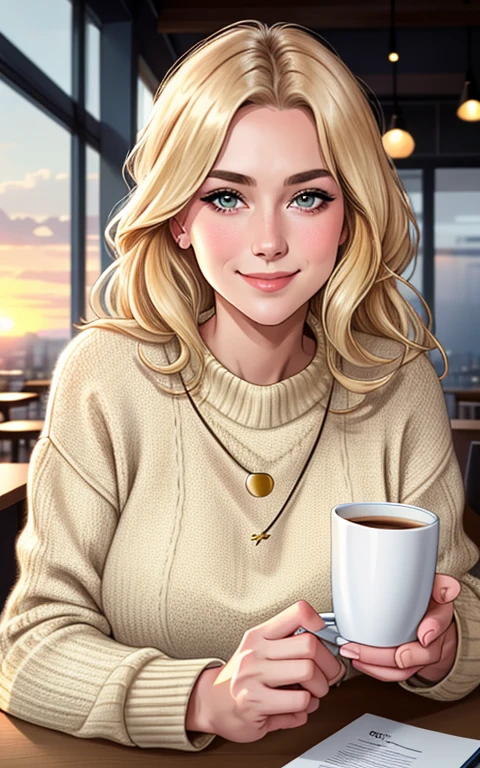 Beautiful blonde wearing beige sweater (Sipping coffee in a modern café at sunset), sehr detailliert, 21 Jahre alt, Unschuldiges Gesicht, Natural wavy hair, blaue Augen, high resolution, Meisterwerk, best quality, Komplizierte Details, Highly detailed, Scharfer Fokus, Detaillierter Skin, realistisch skin Textur, Textur, Detaillierte Augen, Professionell, 4K, charming smile, aufgenommen mit Canon, 85mm, light depth of field,  Kodak Vision Farbe, Perfectly fitting body, Extrem detailliert, Foto_\(Ultra\), photorealistisch, realistisch, Nachbearbeitung, Maximale Detailgenauigkeit, Rauhigkeit, wirkliches Leben, Ultra realistisch, Fotorealismus, Fotografie, 8K UHD, Fotografie