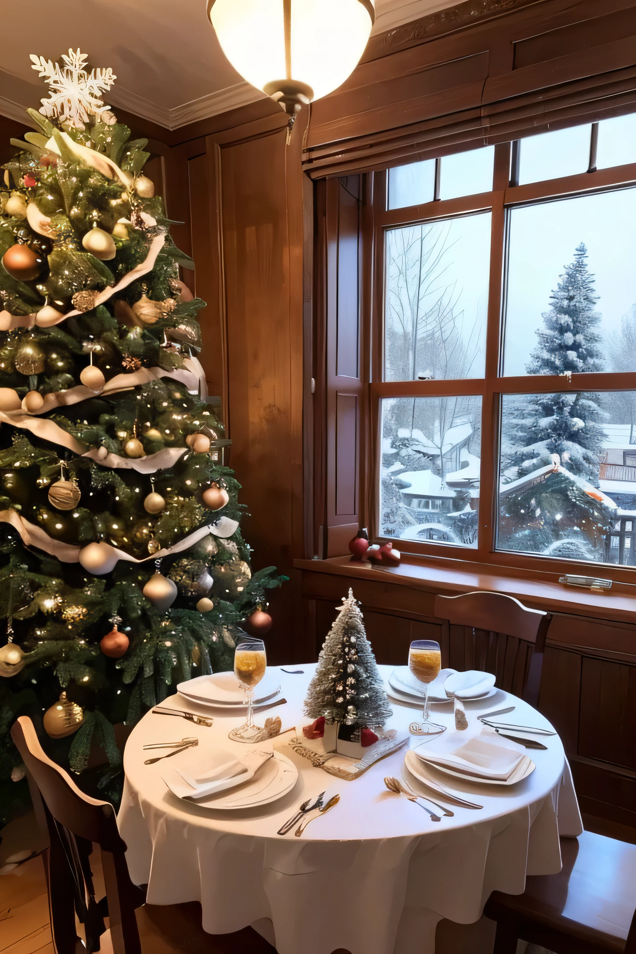 Small snowflakes are floating outside the Christmas window. there was a fire in the house. The walls are white,The warm. There is a Christmas tree. There are many decorations on the Christmas tree. The table is filled with a sumptuous dinner.