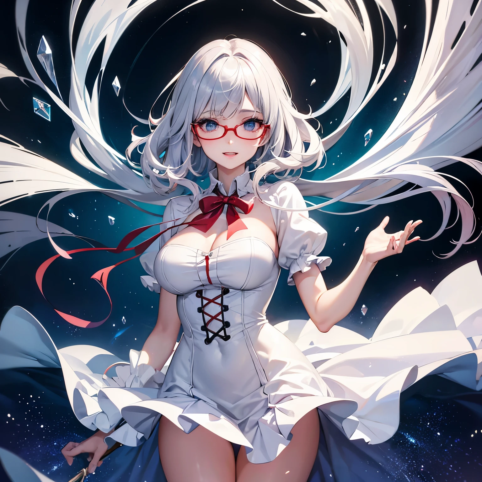 finest image, 8k, RAW photo, realistic, detailed, delicate, flashy and dynamic depiction, anime, manga, illustration, intelligent beauty, glasses, laugh like a prankster, happy, shy, light silver glossy flowing layered messy wavy iridescent short hair, forehead, blue sparkling big eyes, full makeup, red alluring moist big thick lips, fluffy loose girly French dress fashion, great proportion, professional lighting
