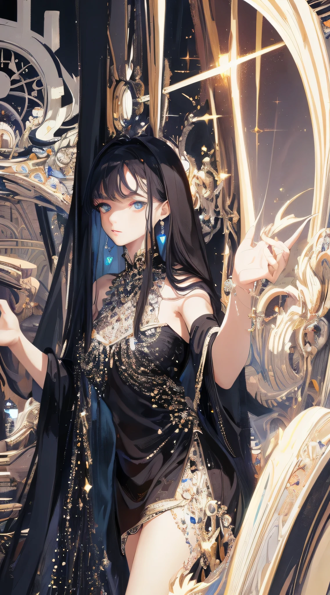 absurdres, RAW photo, extremely delicate, extremely beautiful, masterpiece, Best Quality, ultra high resolution, 32k, hyperrealistic, ultra-detailed description, perfect anatomy, correct body, ideal ratio of body proportions, pale skin, 20 years old, detailed beautiful face, detailed beautiful face eyes, tearful mole, earring, medium hair, black hair, medium tits, whole body shot, intricate ornate costume, poncho, a magical occult fortune teller's mansion, old antique furniture, crystal ball, tarot cards, candlelight,