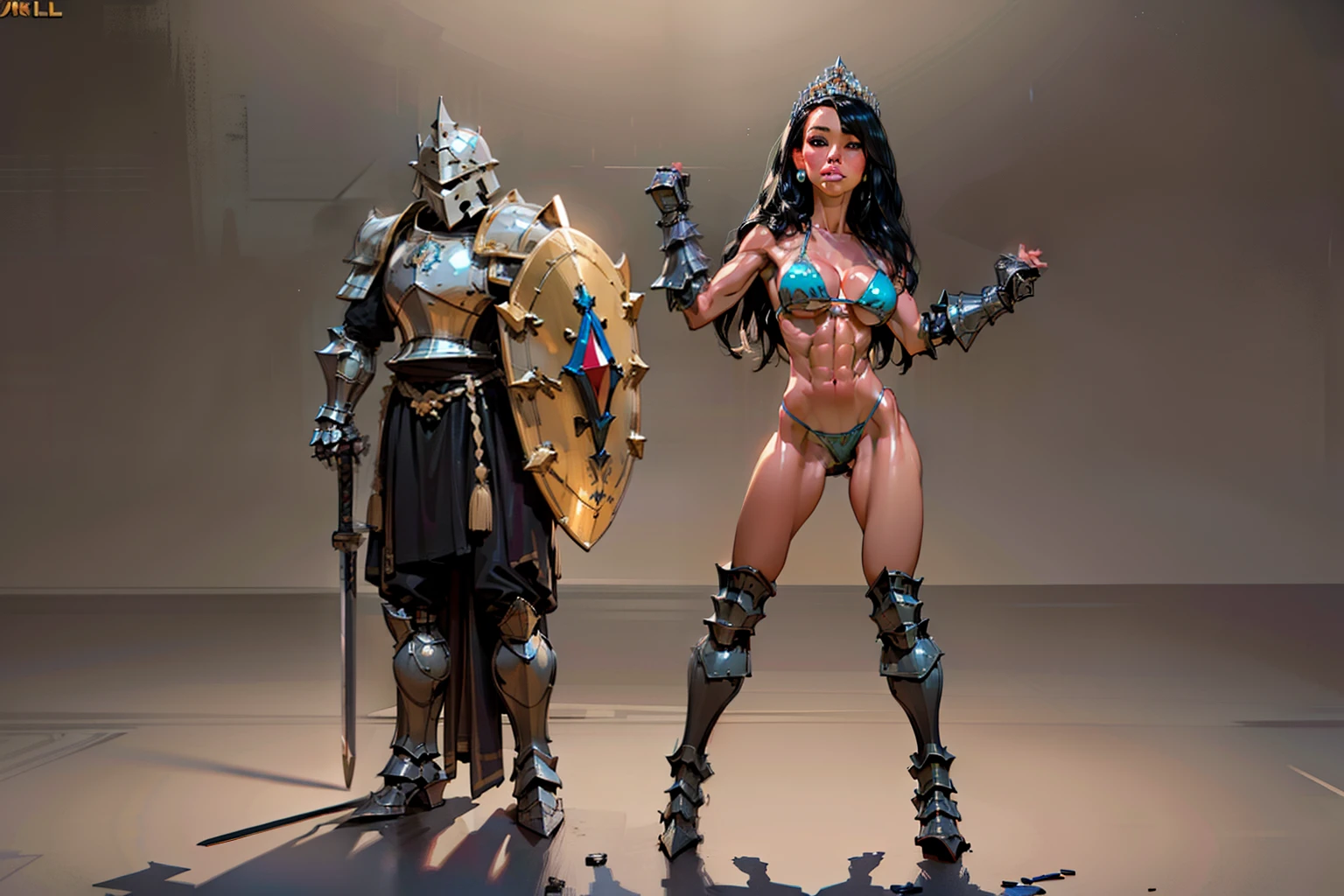 woman, ((long hair)), blackblue hair, ((beautiful)), adorned in medieval armor, twerking, metal muscles, emanating a medieval elegance and marvel, armor pump boots, chrome bra, chrome silver tiara, small armband, (shoulder armor), gauntlets, ((small armored bikini:1.5)), sword, shield, exposed midriff, (puffy lips:1.3), detailed eyes, ((slendered abs )),((huge breastull bodied), wide hips, (puffy lips:1.5), slender abs,rim lighting, side light, cinematic light, ultra high definition, 8k, film grain,best shadow, light particles, detailed skin texture, detailed gem armor texture, detailed face, intricate details, super detailed, bright, spiked heel boots