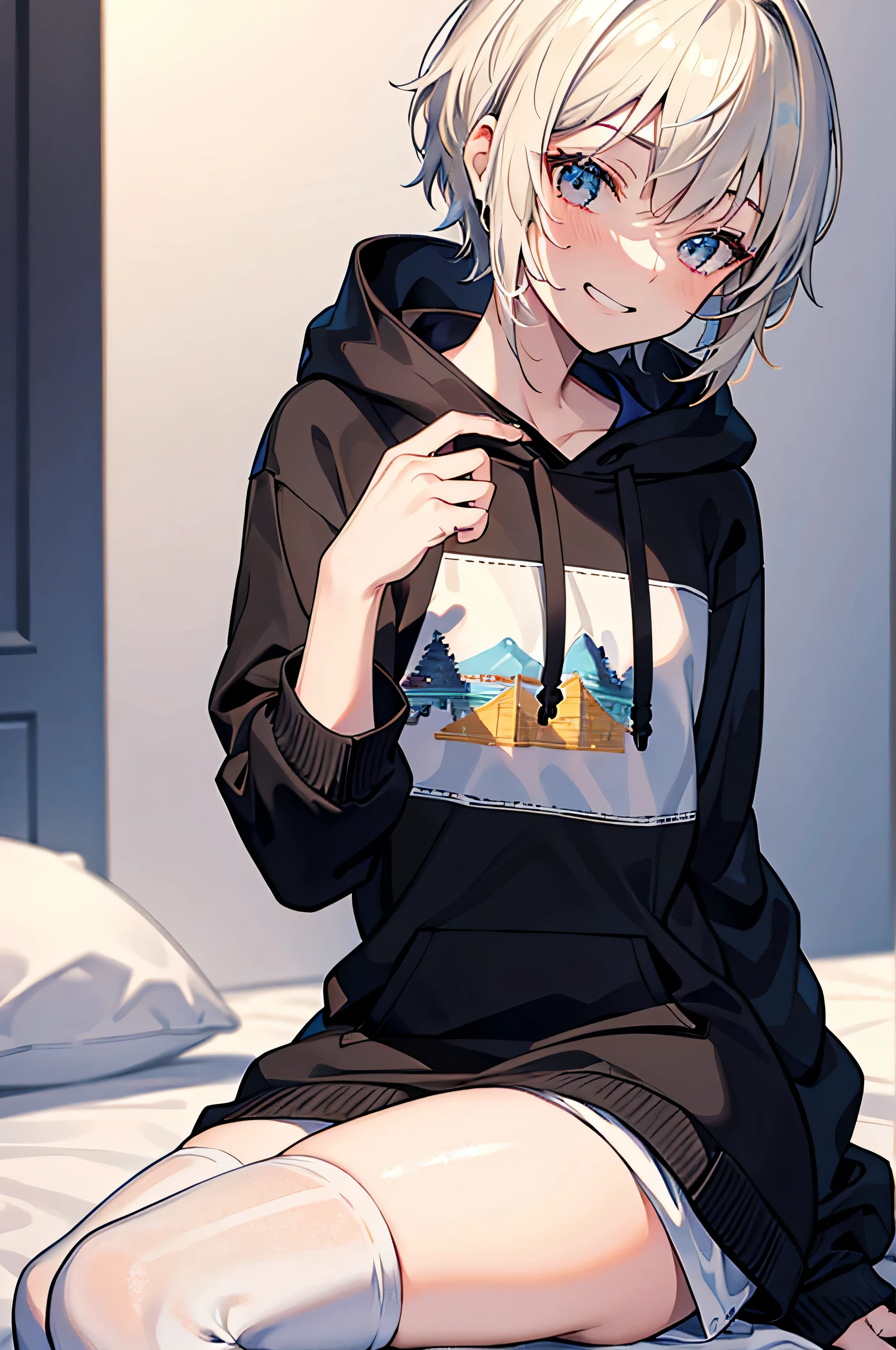 1.5, best quality, high quality, High definition, High quality texture, High quality shadow, high detail, beautiful detailed, finely detailed, extremely detailed cg, detailed texture 1man, boy, male, ((petite)), feminine, grinning, extremely baggy hoodie, thigh high socks, femboy, platinum blonde hair, short hair, boyish haircut, sitting on bed