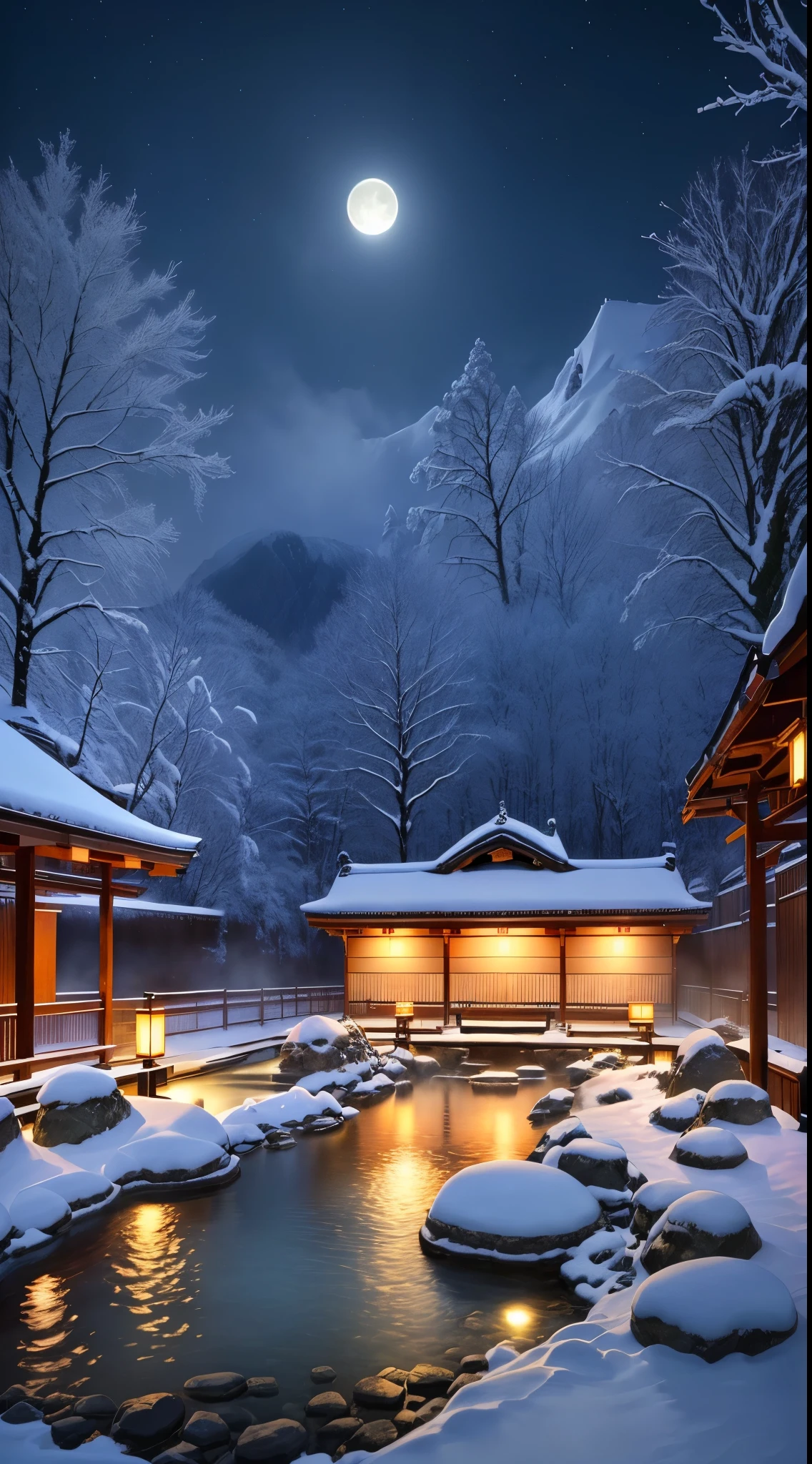 japanese onsen、Open-air bath made of rocks、Large open-air bath、deep in the night、snow covered scenery、The full moon illuminates the open-air bath、Steam is rising from the open-air bath、photograph、real