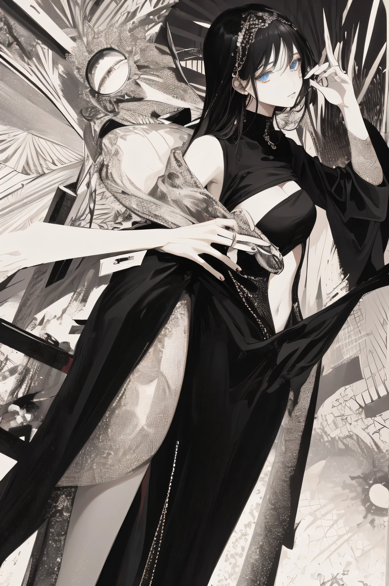 ((Masterpiece, Superb, Super Detailed, High Resolution)), solo, beautiful girl, sparkling eyes, perfect eyes, , black and white gold theme,