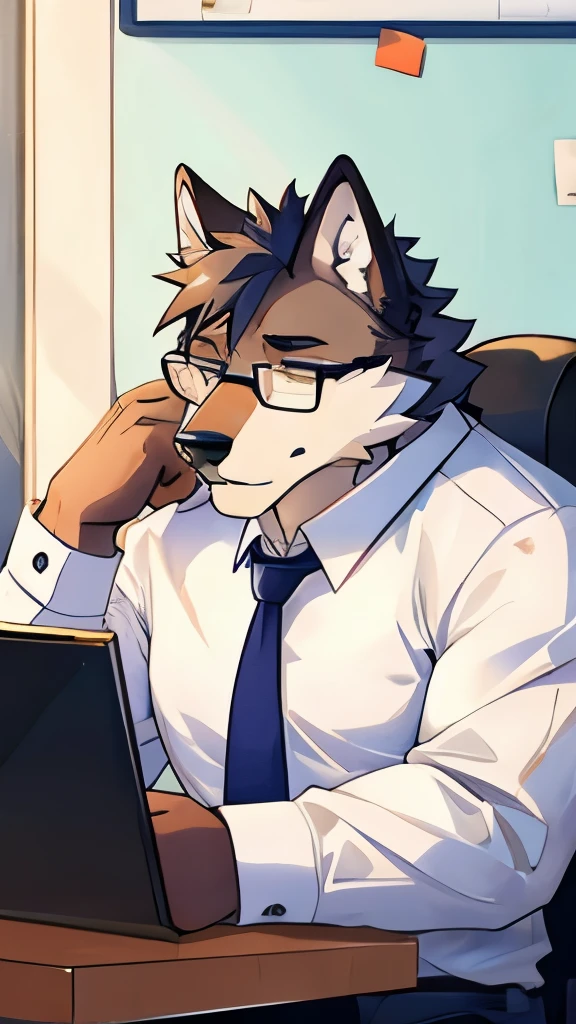 furry male wolf, big body, use rounded glasses, working at office, tired and sleepy