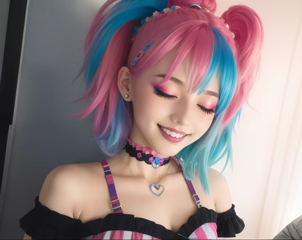 egirl as harlequin, pinkand blue hair wearing a choker bedroom in the background, synthwave color palette, trending on ArtStation, trending on CGSociety, Intricate, High Detail, Sharp focus, dramatic, full body shot, trending on tiktok, smile, teeth, closed eyes, pose