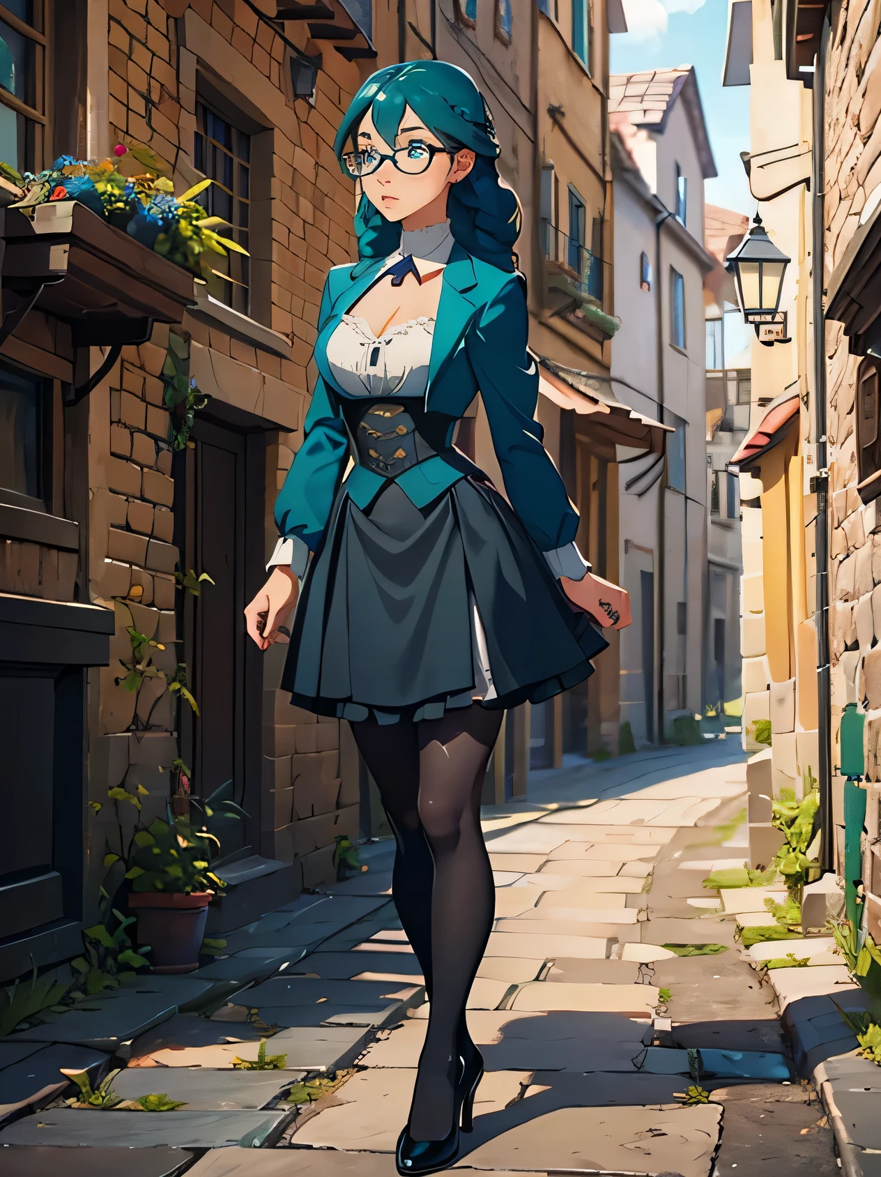 Masterpiece, best quality, (medieval village), (cobblestone road), sunny day, 1_woman, full body, looking away from camera, stoic face, teal hair, long double hair braids, bright teal hair, diamond shaped eyes, glasses, large_bust, chest window, cleavage, dark blue victorian blazer, white halter top blouse, double button breast, dark blue lolita skirt, silver trim, black tights, black heels, petite, small waist, perfect hands,