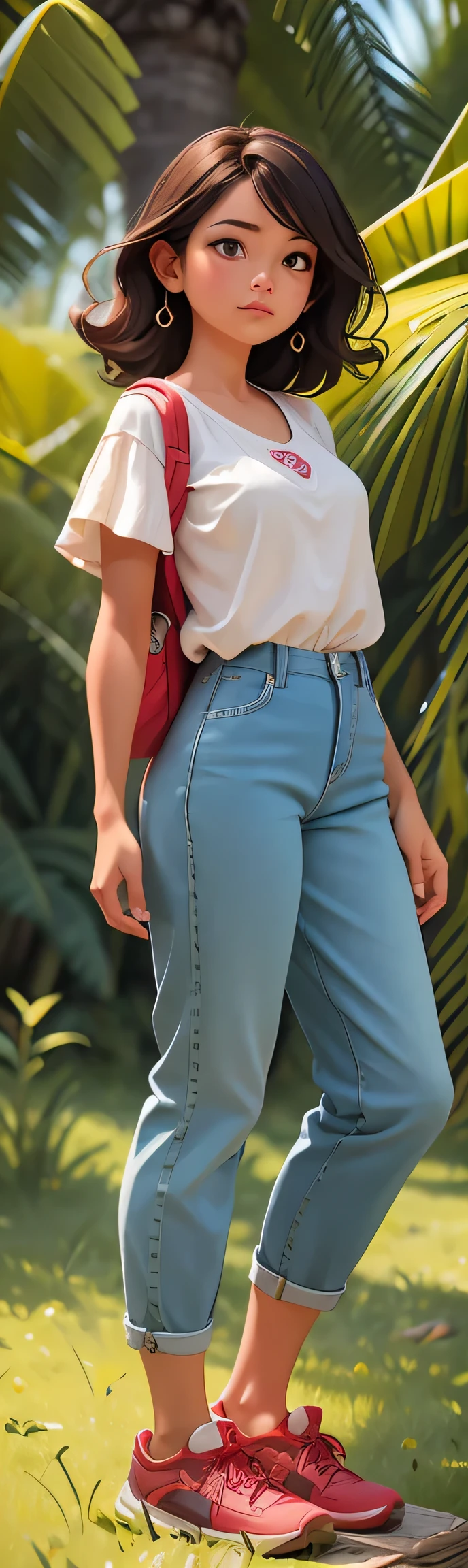 A woman who is,The stands up,Long blonde hair, wavy roll,Denim trousers,short- sleeved,夏季short- sleeved,Outdoor gear,Outdoor gear,
