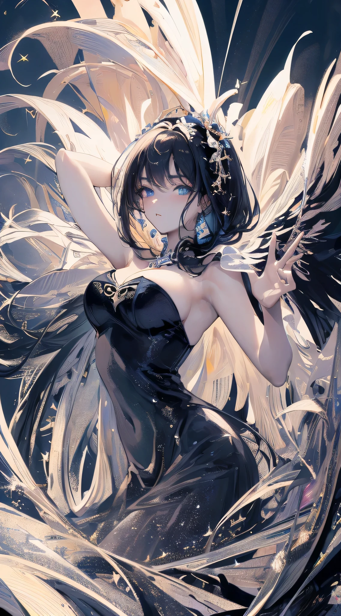 solo seraphim girl standing on peak of snowy mountain, strongly blowing frozen wind, BREAK, (she had black short hair.:1.3), (she is wearing only flapping black sheer short dress.:2.5), (her dress is plunging neckline:1.2), (her dress is black short one-piece skirt.:1.3), (her dress has shoulder strap.:1.5), BREAK, collarbone, bared slim arms, bared (thin long legs:1.2), bared neck, BREAK, (large perky breast:1.3), cleavage, BREAK, thin waist, BREAK, smile for viewer, (nose blush:1.2), BREAK, (multiple white wings on back:1.5), (multiple black wings on back:1.5), (12 large wings on back:1.2), BREAK, (orgasm:1.2), breast milk, nsfw, heavy breathing