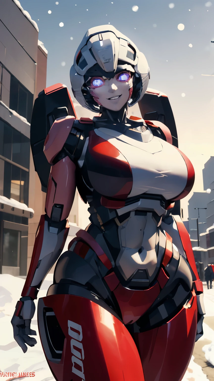 ROTB_Arcee, 1girl, big breasts, smile, robot, mecha, (glowing eyes:1.2), Christmas tree, Christmas gifts, outdoors, wide hips, navel, thick thighs, snow falling on street,