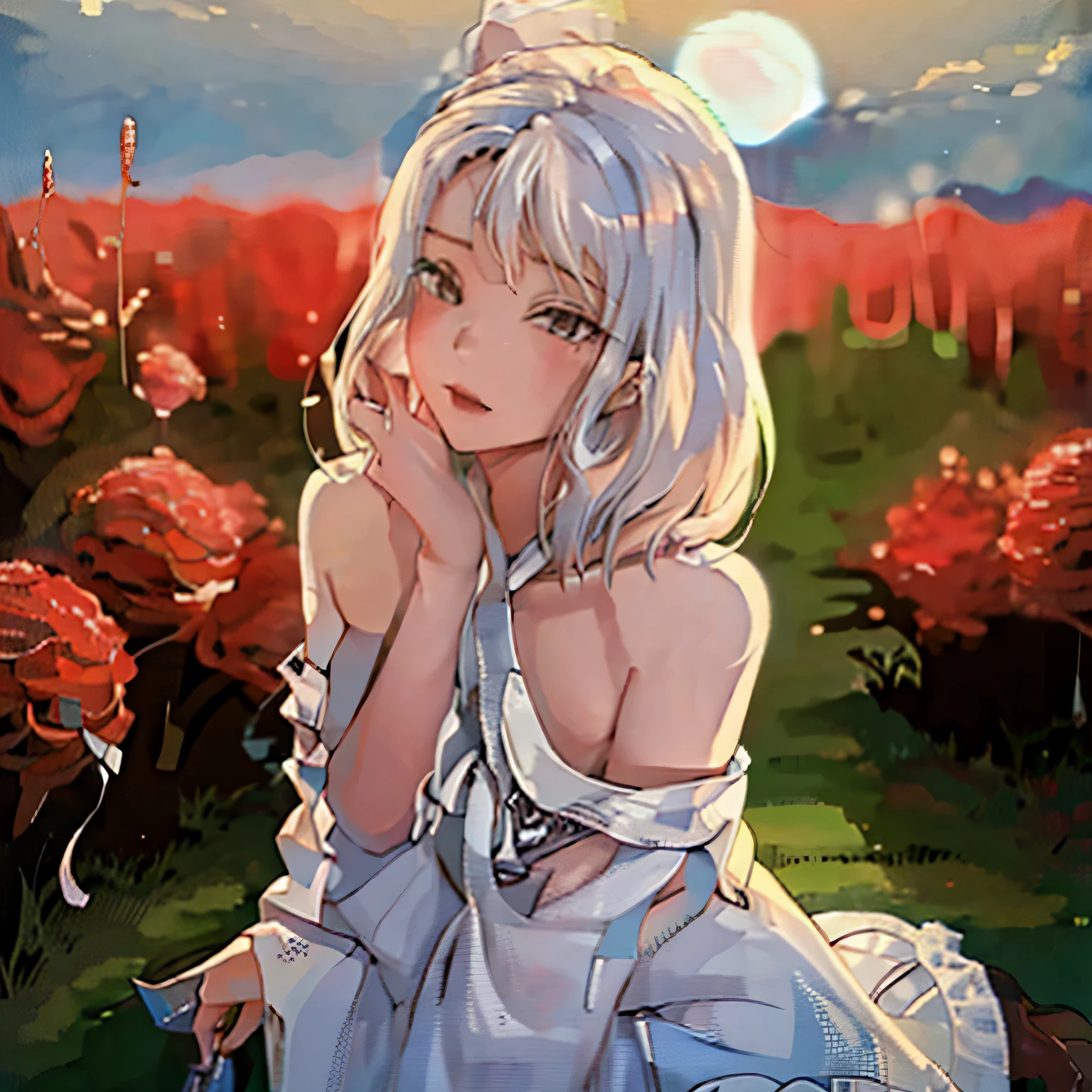 Girl with white hair(1.6)raised head,Looking Up The Sky(1.5)Standing on the Grassland(1.5)Medium picture(1.5)