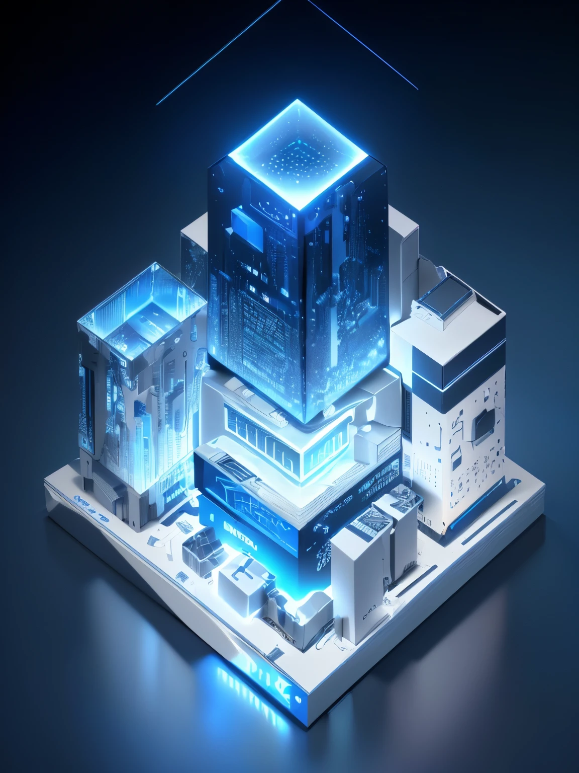 Super resolution,Stereoscopic 3D icon,Acrylic frosted glass material,A sense of future technology,Dark blue, light blue and white layering,a digital rendering,A cool scene created by the convergence of data and light particles,Depicted as a 3D rendering, Render in key shot, 4D cinema rendering, Render in Cinema4D, 3d abstract rendering overlay, 4D cinema rendering octane, 3d digital art 4k, rendered in octaneratingrendering 32k, octaneratingrendering,Close-up with blue light, optane render, computer render, on a dark background, full view, Depicted as a 3D rendering, 8k rendering", interesting background, Digital Enhancement, nvidia omniverse, hq render, in realistic data center, Hypercube, promotional images, Blueshift rendering
