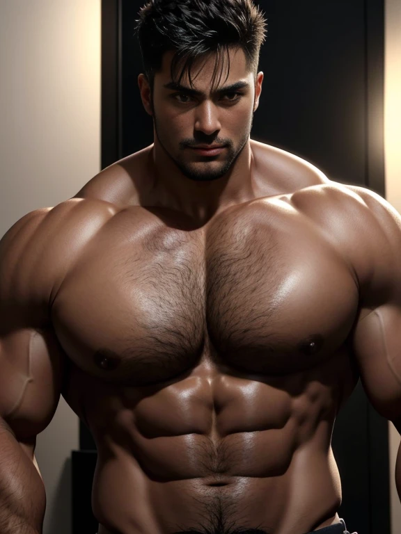 8K,(8K分辨率),Muscular blacks, cool guy,sexy for, Bright and attractive eyes,malancholic look,Dark skin, Smooth and shiny,Plump pectoral muscleig breastarechested,Lush chest and body hair,Big white bag,Large bumps visible,Best quality,profesional lighting,professional photoshooting,real photograph,realistic model,photorealistic art