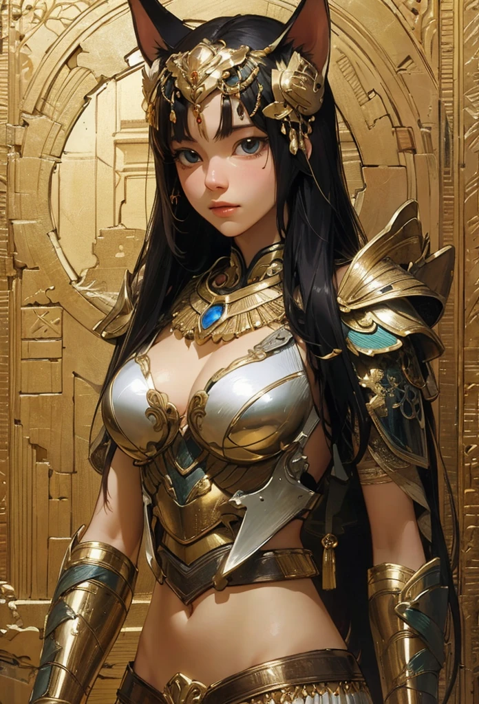 (Detailed illustrations,Very detailed and detailed drawing,Delicate lines with slow and rapid,Realistic texture expression),[Color tressed main line],[ruins background [Ancient Egypt]],HENTAI (ANIME Girl (Beautiful fece) sixteen years old) cyborgs [(skin tanned) [Lustrous black hair]],((Bastet) Beautifully decorated golden cyber armor) ([Complex decorative processing] [elegent],Gorgeous golden luster (Polished reflective luster)) [Gorgeous and luxurious],gravure,[Oparts Lost Technology [Hierograph]],(複雑でBeautiful fece装飾 [Dense detail]),(きめ細やかでBeautiful fece肌表現 [Transparency]),[完璧な目のdetaileds (Iris beautifully drawn in every detail)[Jewel-like eyes]],[長くてBeautiful fece睫毛],[Meticulously drawn hair [美しく艷やかな髪のdetaileds]],(完璧な手のdetaileds [破綻のないBeautiful fece指 [Beautiful nails]]),(Perfect Anatomy(Perfectly proportioned))[[Full body like]],[[Design built to the highest level]][Ideal color coordination(Accurate simulation of light-material interactions)],([Precision Detail](detaileds,high-detail)),[Visual art that conveys a sense of narrative].