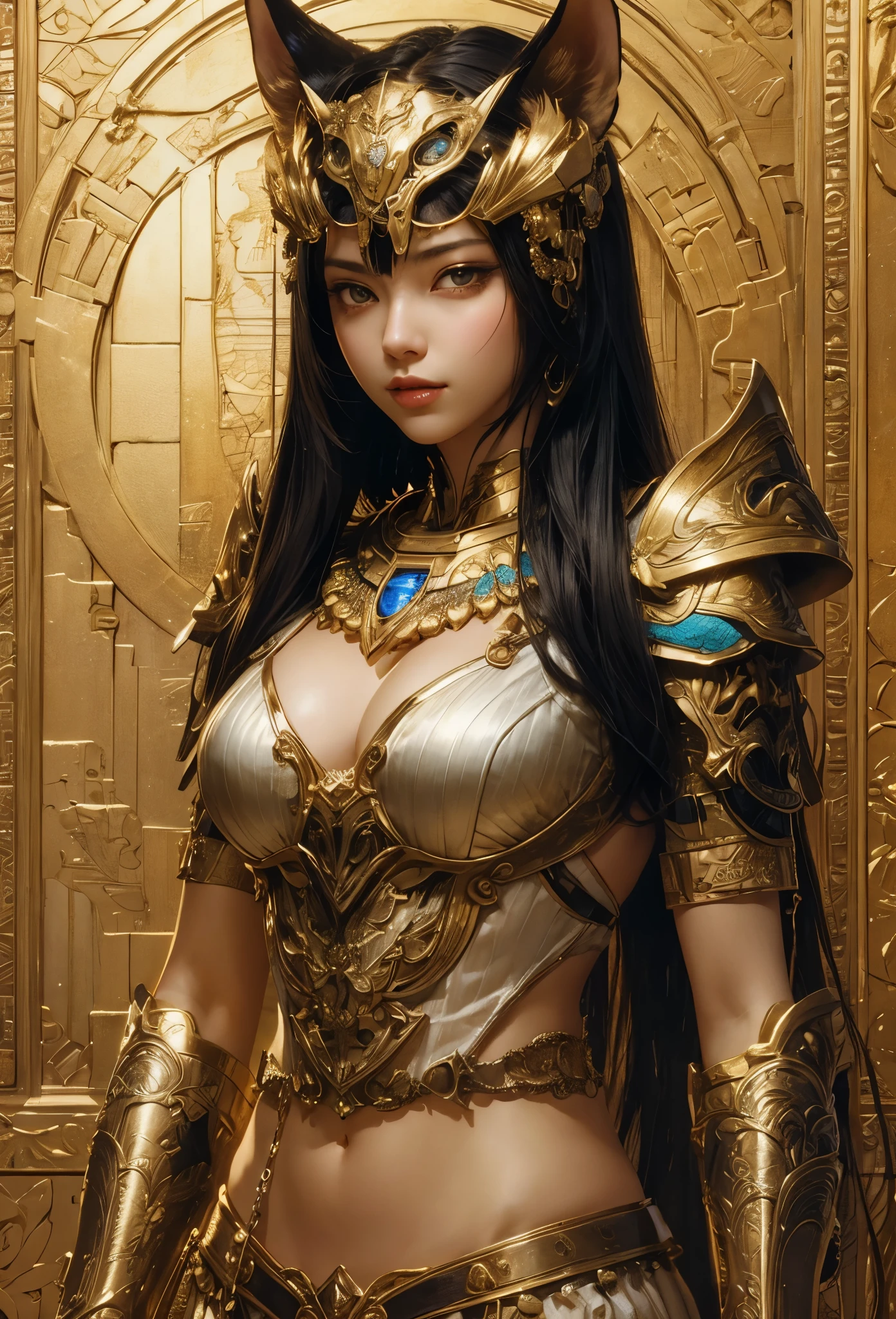 (Detailed illustrations,Very detailed and detailed drawing,Delicate lines with slow and rapid,Realistic texture expression),[Color tressed main line],[ruins background [Ancient Egypt]],HENTAI (ANIME Girl (Beautiful fece) sixteen years old) cyborgs [(skin tanned) [Lustrous black hair]],((Bastet) Beautifully decorated golden cyber armor) ([Complex decorative processing] [elegent],Gorgeous golden luster (Polished reflective luster)) [Gorgeous and luxurious],gravure,[Oparts Lost Technology [Hierograph]],(複雑でBeautiful fece装飾 [Dense detail]),(きめ細やかでBeautiful fece肌表現 [Transparency]),[完璧な目のdetaileds (Iris beautifully drawn in every detail)[Jewel-like eyes]],[長くてBeautiful fece睫毛],[Meticulously drawn hair [美しく艷やかな髪のdetaileds]],(完璧な手のdetaileds [破綻のないBeautiful fece指 [Beautiful nails]]),(Perfect Anatomy(Perfectly proportioned))[[Full body like]],[[Design built to the highest level]][Ideal color coordination(Accurate simulation of light-material interactions)],([Precision Detail](detaileds,high-detail)),[Visual art that conveys a sense of narrative].