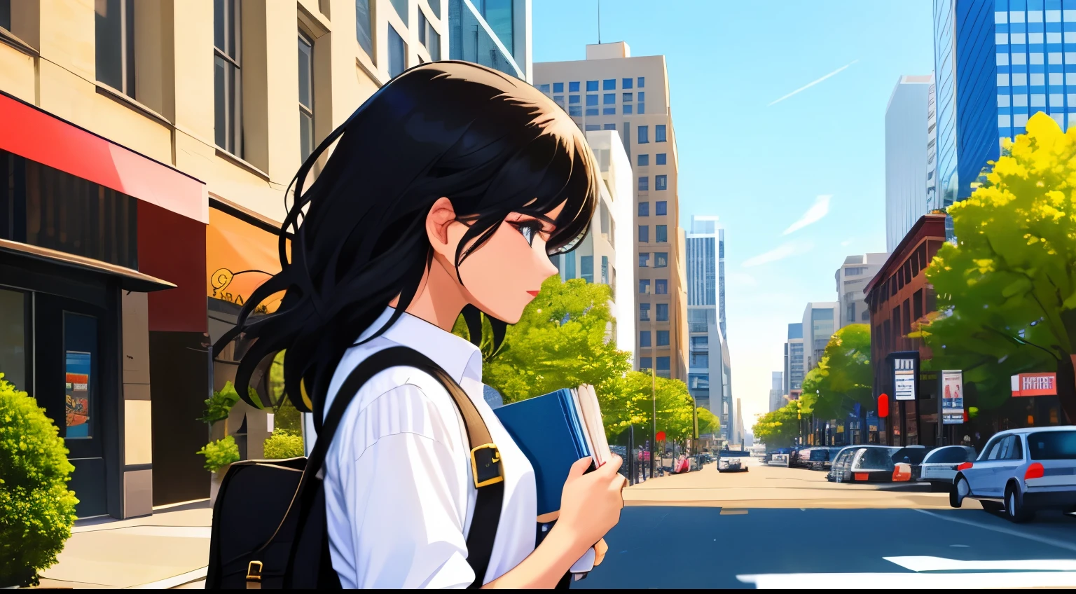 Black hair girl walking holding book side profile white shirt downtown city view street sunny day vibrant  colors