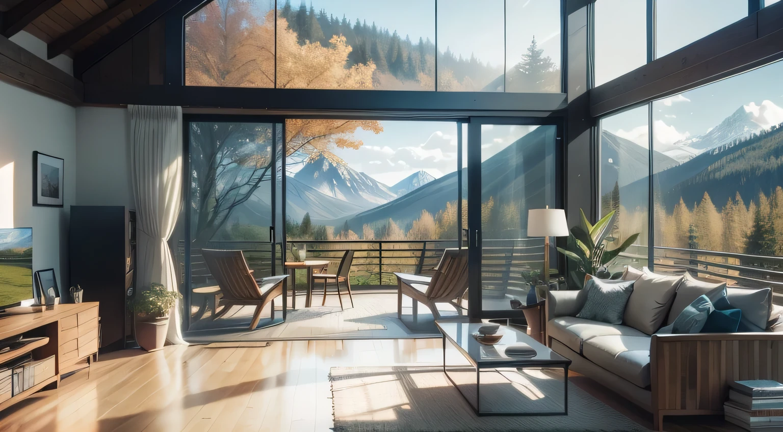 Beautiful modern living room with wooden floor, Large windows with a beautiful view, Back, vegetation, woods, mountains, springtime, realisitic, High image quality, 8 k, digital rendering, unreal-engine, mixer, Octane, Maya