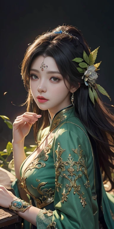 A woman who is,Wearing a green dress,Cheng Weipan Art Station,Xiuxian sense of technology,Green vines,Gauze sleeves,detailed fantasy art,Stunning character art,Epic and refined character art,Beautiful armor,Extremely detailed artistic germination,Detailed digital anime art, Artgerm on the art station Pixiv,Armor Girl,Exquisite and intricate headwear and jewelry
