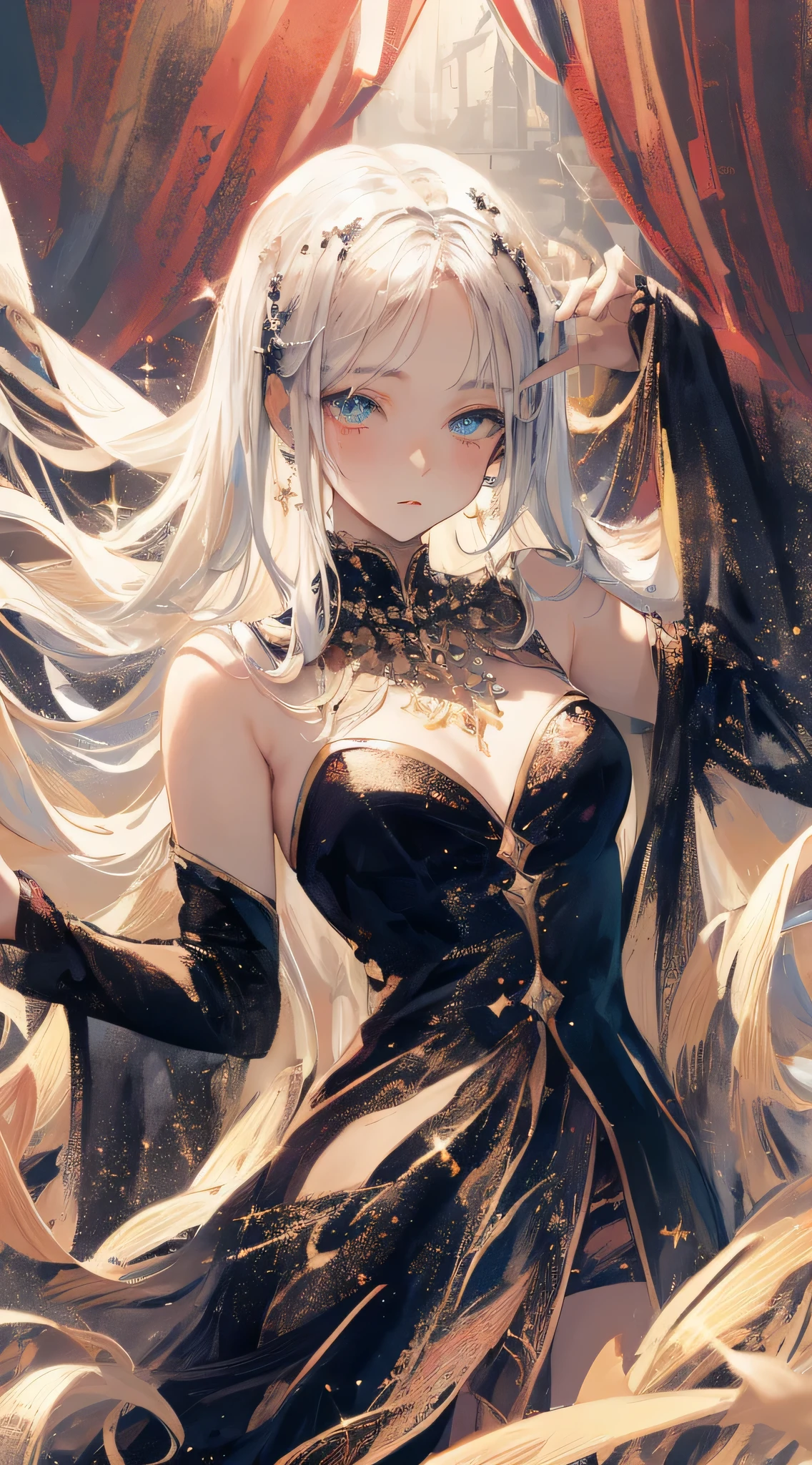 ((Masterpiece, Superb, Super Detailed, High Resolution)), solo, beautiful girl, sparkling eyes, perfect eyes, 15 years old, black and white gold theme,