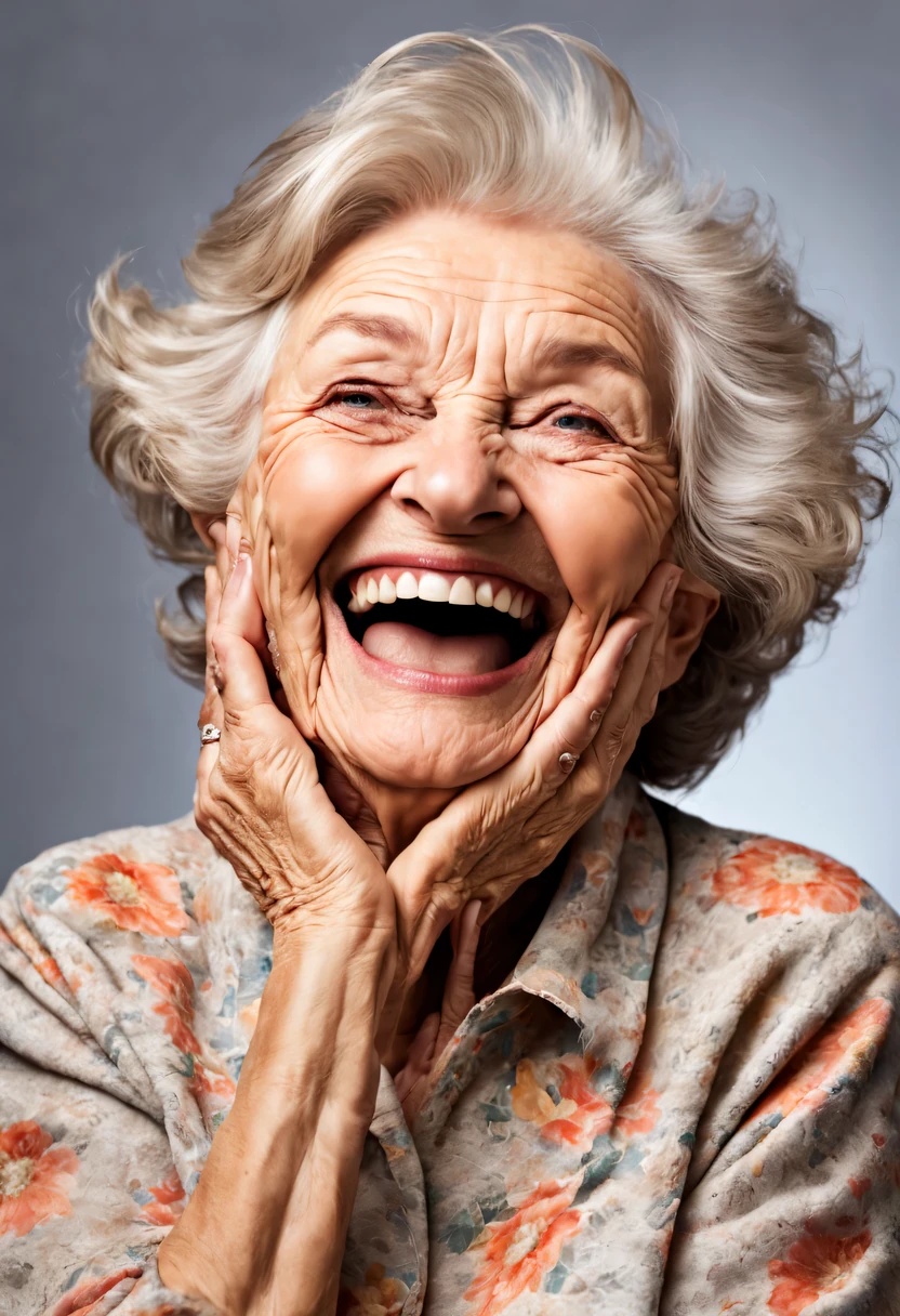 Portrait photo of an elderly woman 75 years old., woman laughs a lot, very old woman, old wrinkled skin, pigment spots on the skin, Happy expressive eyes, Loud laughter, Looks happy, fine art photography, studio lightning, cinematic photo processing, Maximum realism, high detail, the texture of the skin is clearly visible, high detailed eyes, pay attention to the emotions of laughter and happiness