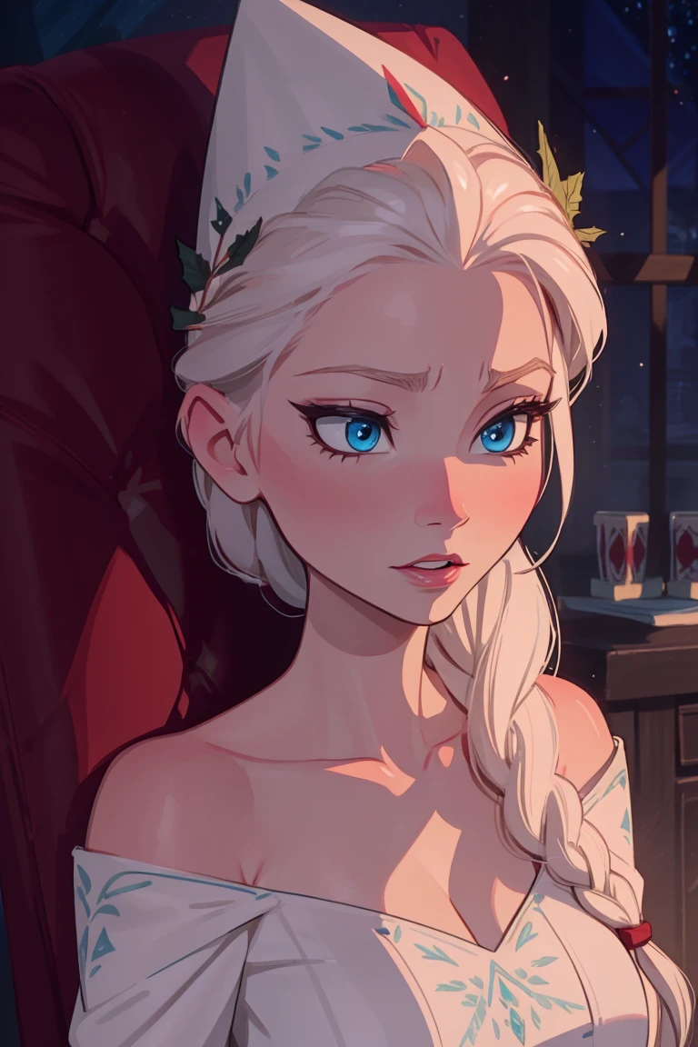 Elsa of arendelle, single braid, white hair, FROZEN, santa outfit, detailed, masterpiece, frozen, disney, elsa of arendale, santa outfit, christmas, santa hat, sexy, seductive, christmas tree