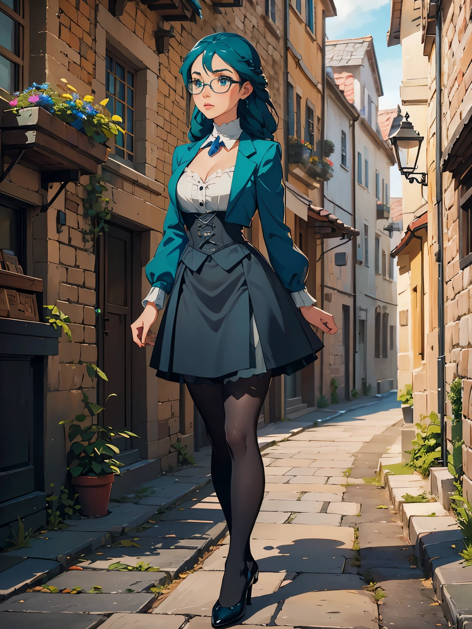 Masterpiece, best quality, (medieval village), (cobblestone road), sunny day, 1_woman, full body, looking away from camera, stoic face, teal hair, long double hair braids, bright teal hair, diamond shaped eyes, glasses, large_bust, chest window, cleavage, dark blue victorian blazer, white halter top blouse, double button breast, dark blue lolita skirt, silver trim, black tights, black heels, petite, small waist, perfect hands,