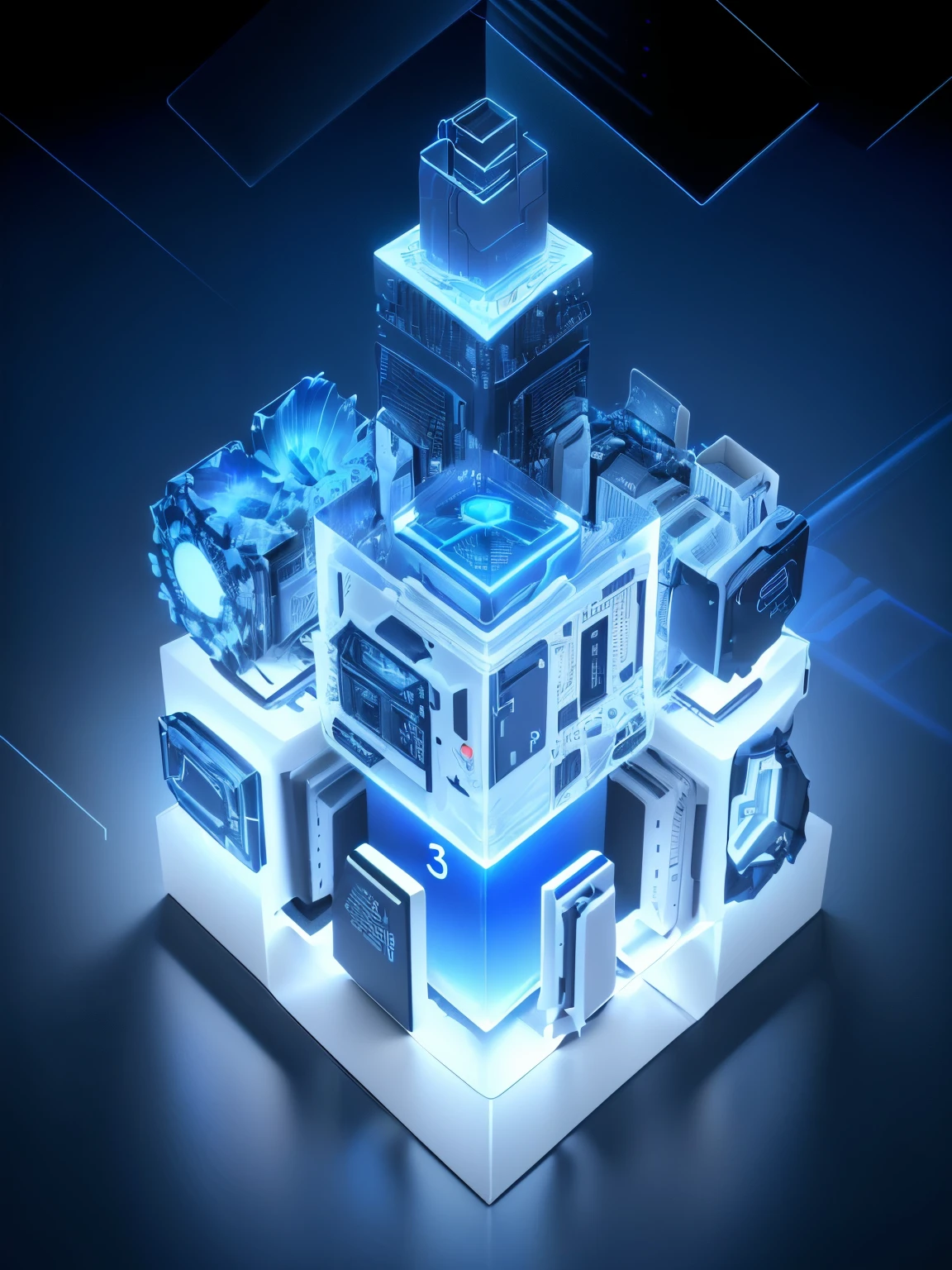 Super resolution,Stereoscopic 3D icon,Acrylic frosted glass material,A sense of future technology,Dark blue, light blue and white layering,a digital rendering,A cool scene created by the convergence of data and light particles,Depicted as a 3D rendering, Render in key shot, 4D cinema rendering, Render in Cinema4D, 3d abstract rendering overlay, 4D cinema rendering octane, 3d digital art 4k, rendered in octaneratingrendering 32k, octaneratingrendering,Close-up with blue light, optane render, computer render, on a dark background, full view, Depicted as a 3D rendering, 8k rendering", interesting background, Digital Enhancement, nvidia omniverse, hq render, in realistic data center, Hypercube, promotional images, Blueshift rendering