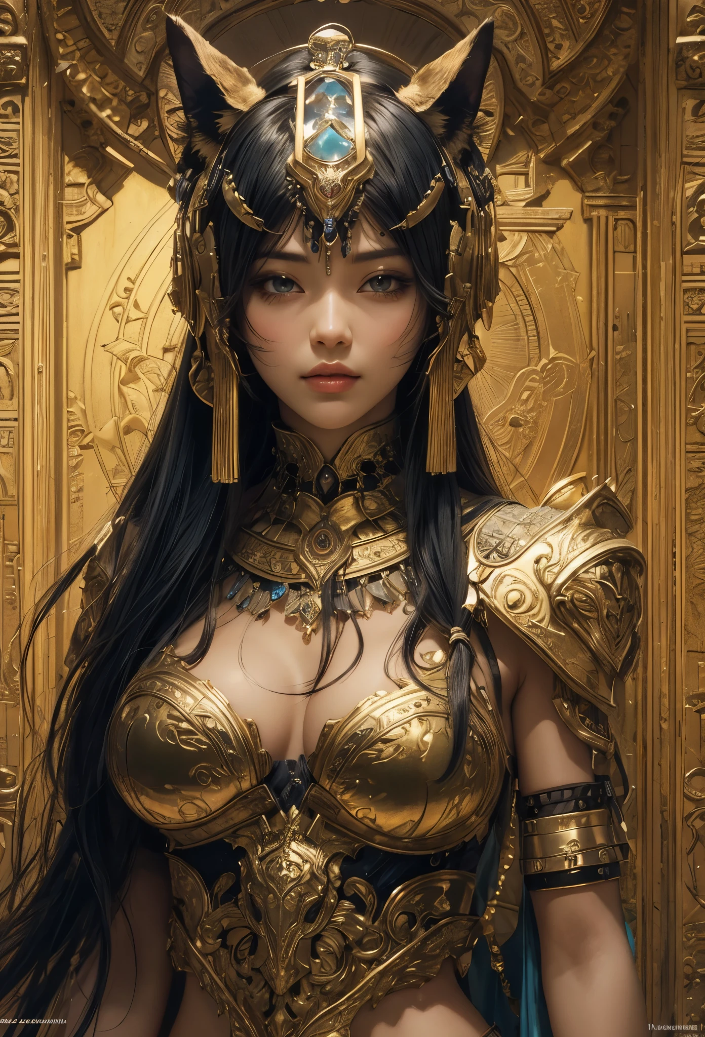 (Detailed illustrations,Very detailed and detailed drawing,Delicate lines with slow and rapid,Realistic texture expression),[Color tressed main line],[ruins background [Ancient Egypt]],HENTAI (ANIME Girl (Beautiful fece) sixteen years old) cyborgs [(skin tanned) [Lustrous black hair]],((Bastet) Beautifully decorated golden cyber armor) ([Complex decorative processing] [elegent],Gorgeous golden luster (Polished reflective luster)) [Gorgeous and luxurious],gravure,[Oparts Lost Technology [Hierograph]],(複雑でBeautiful fece装飾 [Dense detail]),(きめ細やかでBeautiful fece肌表現 [Transparency]),[完璧な目のdetaileds (Iris beautifully drawn in every detail)[Jewel-like eyes]],[長くてBeautiful fece睫毛],[Meticulously drawn hair [美しく艷やかな髪のdetaileds]],(完璧な手のdetaileds [破綻のないBeautiful fece指 [Beautiful nails]]),(Perfect Anatomy(Perfectly proportioned))[[Full body like]],[[Design built to the highest level]][Ideal color coordination(Accurate simulation of light-material interactions)],([Precision Detail](detaileds,high-detail)),[Visual art that conveys a sense of narrative].
