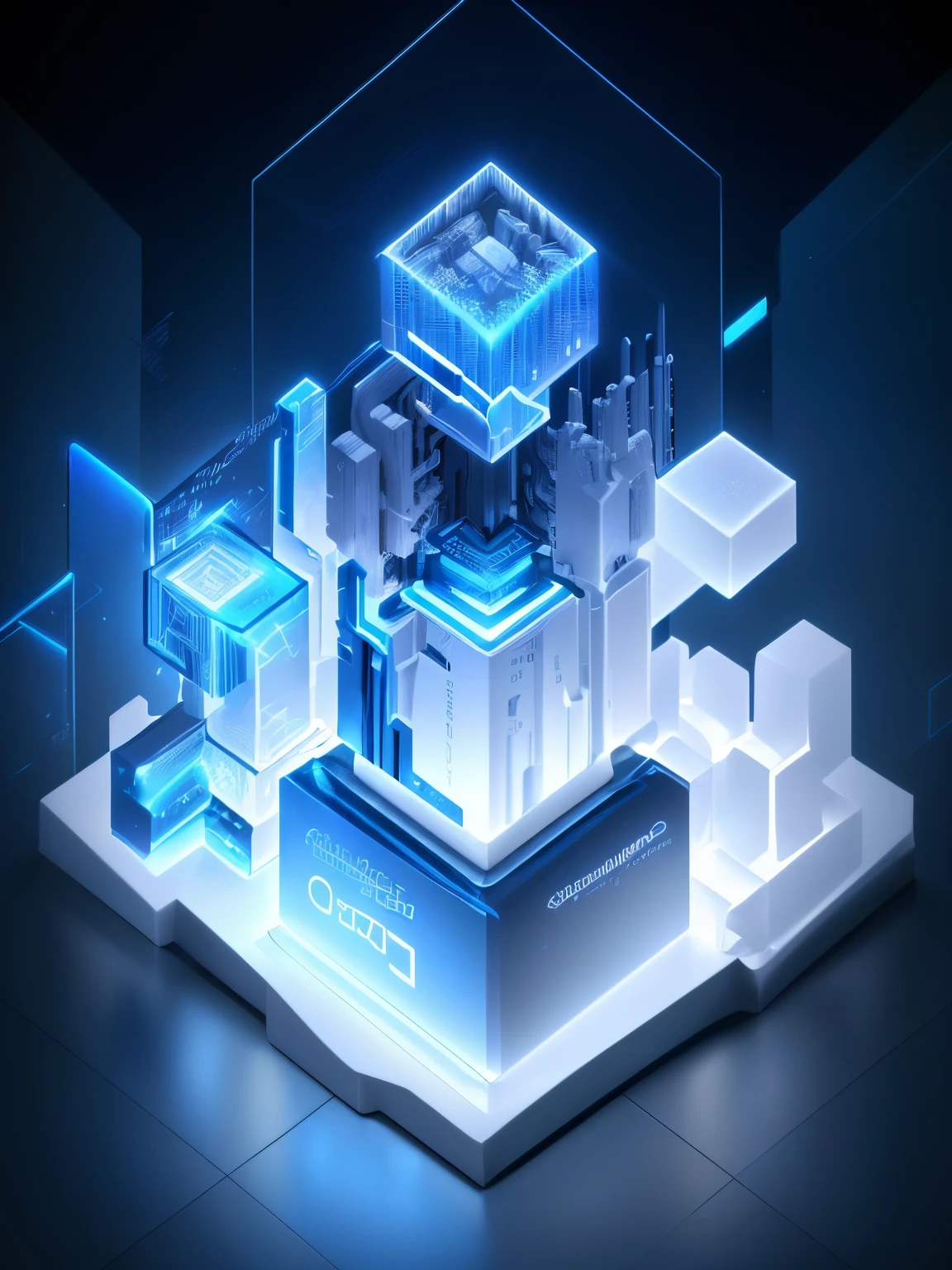 Super resolution,Stereoscopic 3D icon,Acrylic frosted glass material,A sense of future technology,Dark blue, light blue and white layering,a digital rendering,A cool scene created by the convergence of data and light particles,Depicted as a 3D rendering, Render in key shot, 4D cinema rendering, Render in Cinema4D, 3d abstract rendering overlay, 4D cinema rendering octane, 3d digital art 4k, rendered in octaneratingrendering 32k, octaneratingrendering,Close-up with blue light, optane render, computer render, on a dark background, full view, Depicted as a 3D rendering, 8k rendering", interesting background, Digital Enhancement, nvidia omniverse, hq render, in realistic data center, Hypercube, promotional images, Blueshift rendering