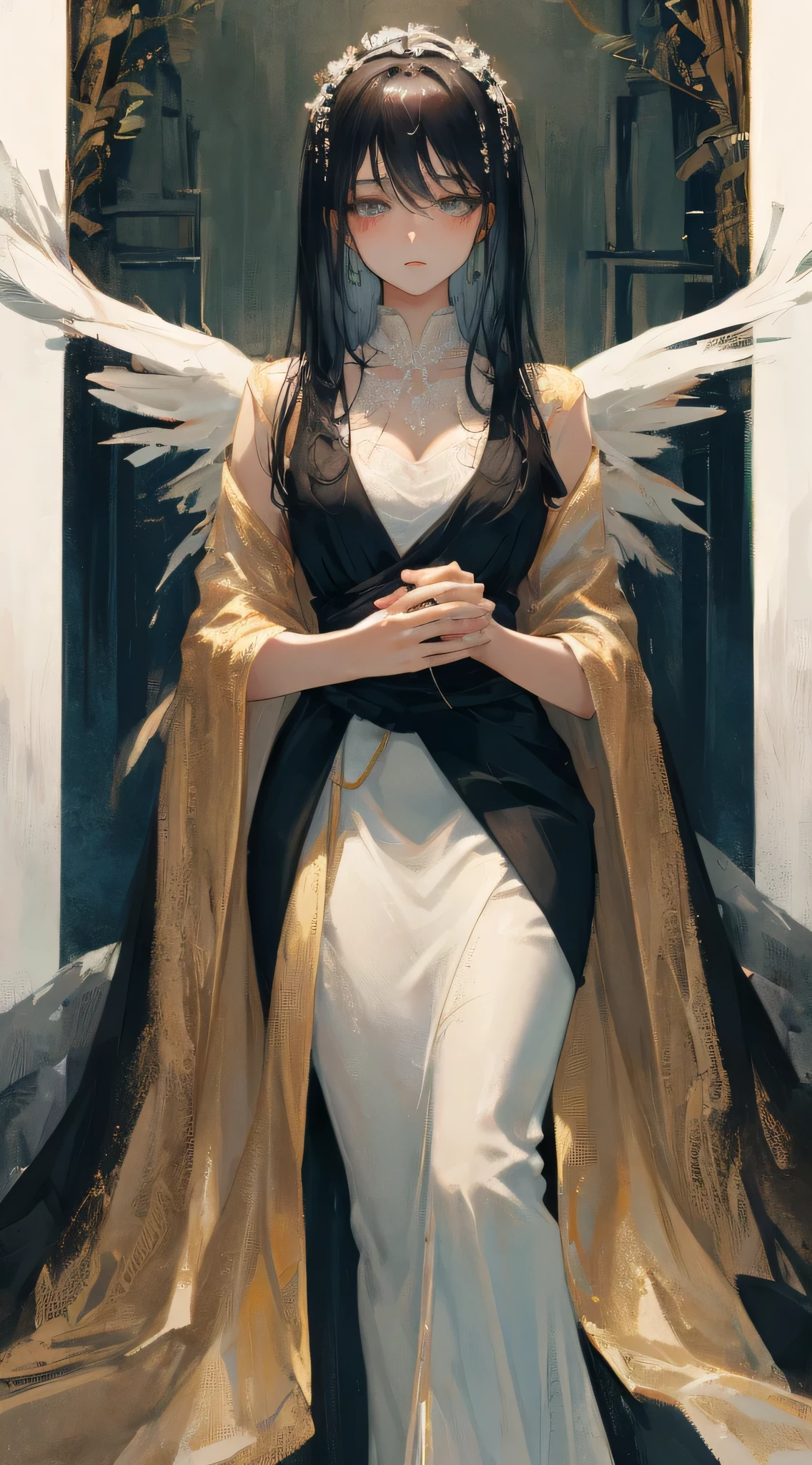 ((Masterpiece, Superb, Super Detailed, High Resolution)), solo, beautiful girl, sparkling eyes, perfect eyes, , black and white gold theme,