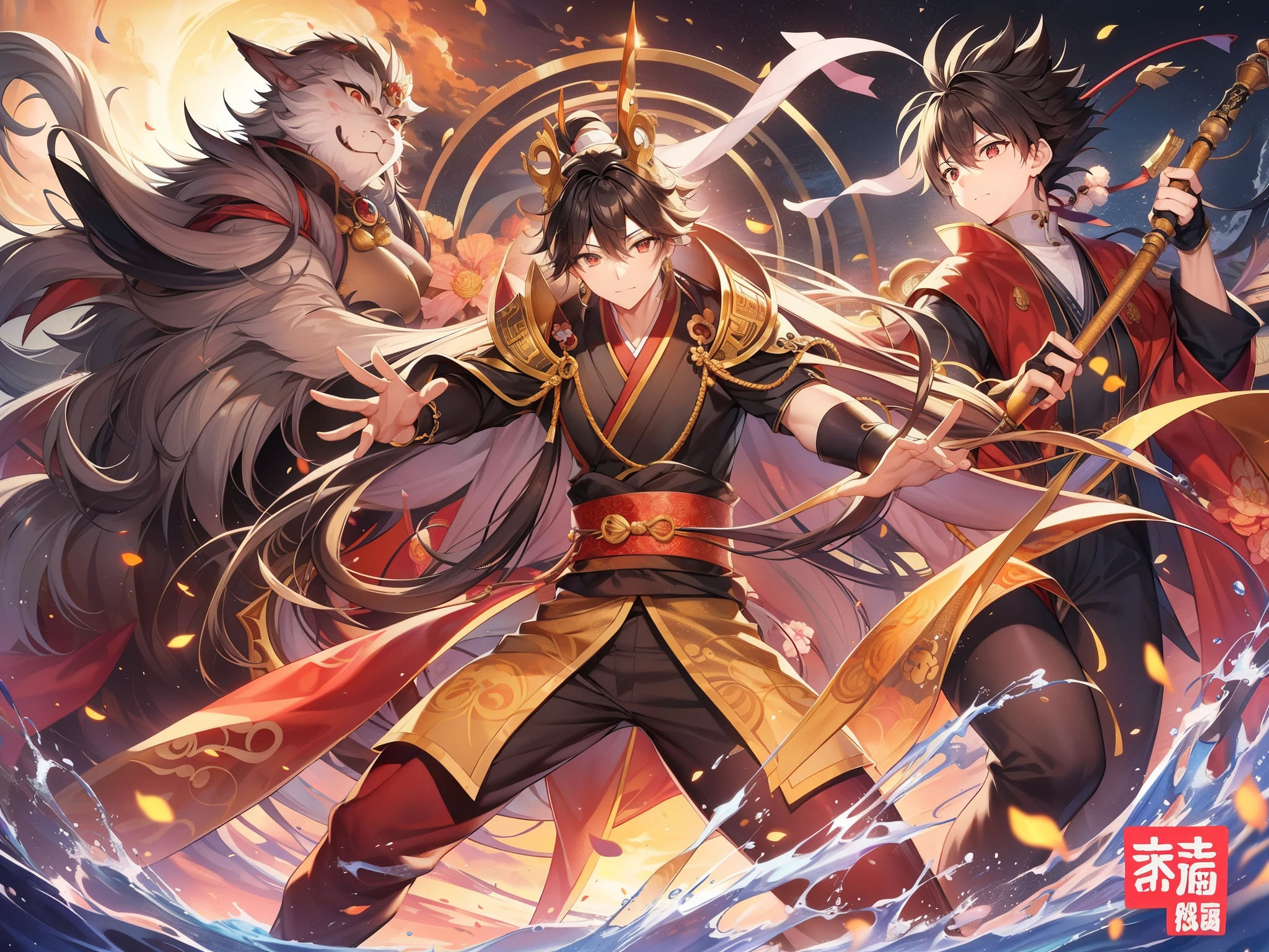 top-quality、Masterpiece、detaileds、Huaguo Mountain、Xiantao、Qi Tian Daisheng、Monkey king、Monkey king、Flexible Ruyi Kincho stick、Gold crown、Gold armor、Ayuunori、Douyun、Fire Eye Golden Eye、bacchus、Journey、Monkey king（So Goku、Suen Wukong、Traditional: Sun Wukong; Simplified Chinese: son goku; Pinyin: Sūn Wùkōng; wade style: Sun¹ Wu⁴- k&#39;ung¹; 礤拼: Syun¹ng⁶hung¹）ha、China&#39;s four great novels『Journey』Main characters of[Note 1]Josen, one of the。He is also a Taoist god that is still worshiped today.、香港をhaじめ、台湾や東南アジアでha一般にQi Tian Daisheng（Seitentaisei）called by the name of、is believed[1]。彼ha中国の民間信仰のなかで最も活躍する英雄の一人である。