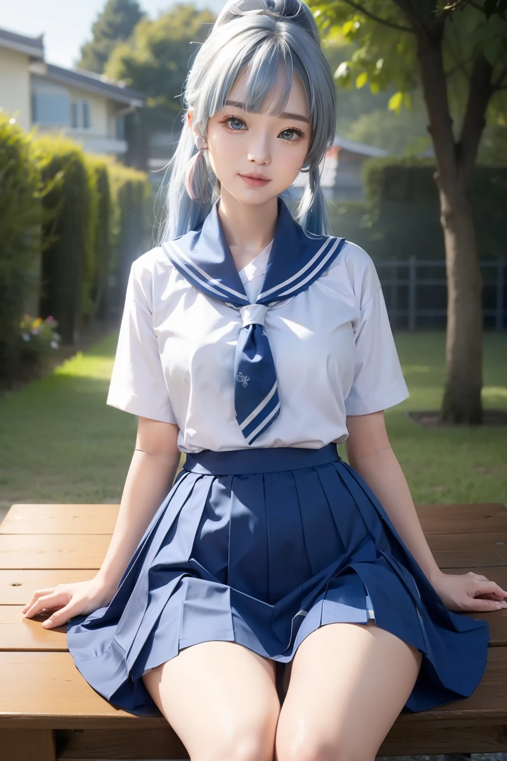 Minamimatsuura, Matsuura Konan, white color hair, long whitr hair, high ponytaillue colored eyes:1.1), side locks, Blake Aqua scarf, 灰色Sailor collar, 灰色a skirt, mini-skirts, 围巾, pleatedskirt, Sailor collar, 水手The shirt, 校服, Sefuku, The shirt, a skirt, summer uniform, uranohoshi school uniform, 白The shirt,naughty big、Busty REAK looks at the audience, BREAK BREAK BREAK (On the table:1.2), Best quality at best, A high resolution, Unity 8k壁纸, (illustratio:0.8), (美丽细致的眼睛:1.6), The facial details are particularly rich, perfect litthing, Extremely detailed CG, (Perfect hands, perfect anatomia),Bright smile、(a skirt lift:1.3), (blue stripe々:1.3)、(a skirt that rolls up:1.3)、(completely exposure:1.5)、outside of house、exteriors、