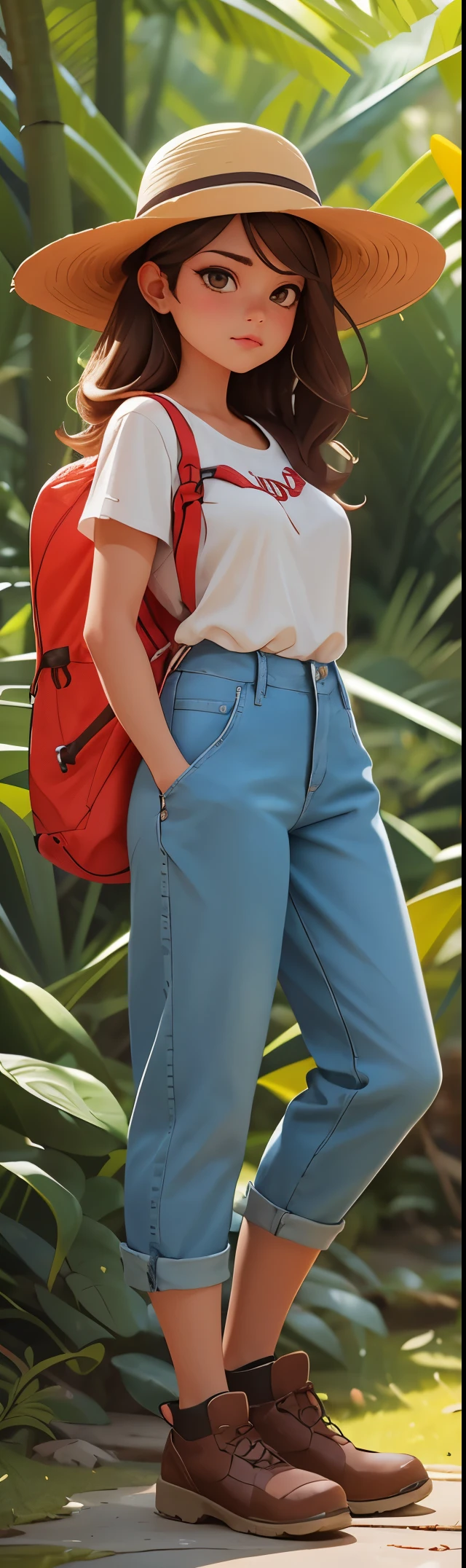 A woman，standing on your feet，cabellos largos dorados， wavy roll，Denim trousers，short- sleeved，夏季short- sleeved，Outdoor equipment，Outdoor gear，