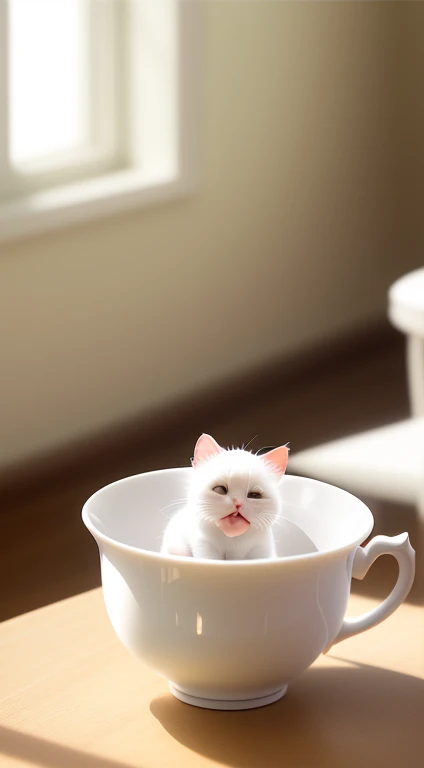 White cat, ((((small)))), in a teacup, showing face, sticking out tongue, sticking out the front paws, 8k, professional photo, delicate, clear, on the table, in the house, sunshine, light leak, masterpiece, ((pretty))), (fashionable teacup), stuffed, face a little bigger, fluffy
