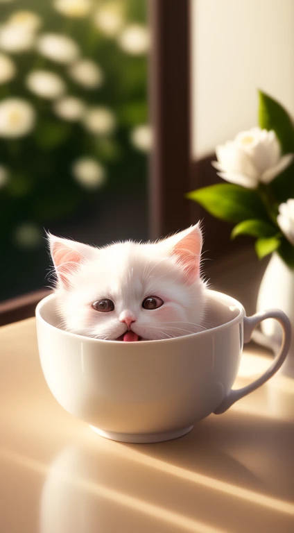 White cat, ((((small)))), in a teacup, showing face, sticking out tongue, sticking out the front paws, 8k, professional photo, delicate, clear, on the table, in the house, sunshine, light leak, masterpiece, ((pretty))), (fashionable teacup), stuffed, face a little bigger, fluffy