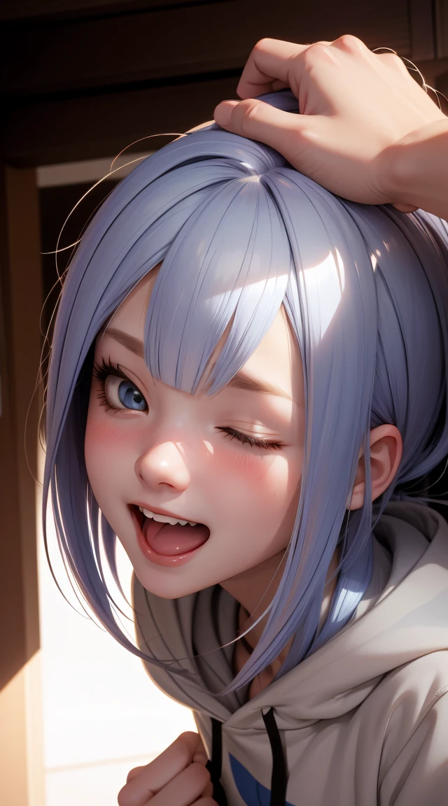 masterpiece, ultra realistic, hoodie, head tilt, hair between eyes, laughing out loud, open mouth, sideways glance, 1girl, solo, eyes closed, looking up, backlit,alternate color, alternate hair length, blush
  pov, headpat