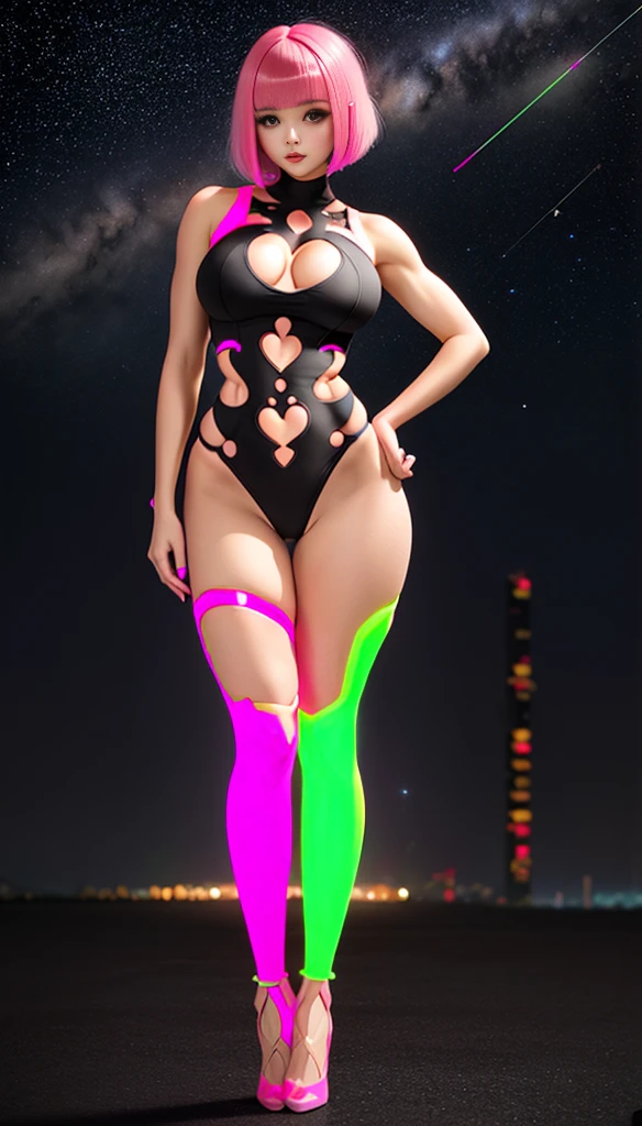 pink hair, (short bangs hair:1.36), wide hips, slim hourglass figure, narrow waist, depth of field, 1girl, (neon starry girl next door:1.3), (on a   background:1.3), (full body:1.4), pose, [:intricate, formal costume design:0.2], muscular, zettai ryouikia, big breasts, wide hips, athletic thicc perfect hourglass figure,skindentation, ((thigh cutout:1.3):1.2), (((dark skin:0.6)))