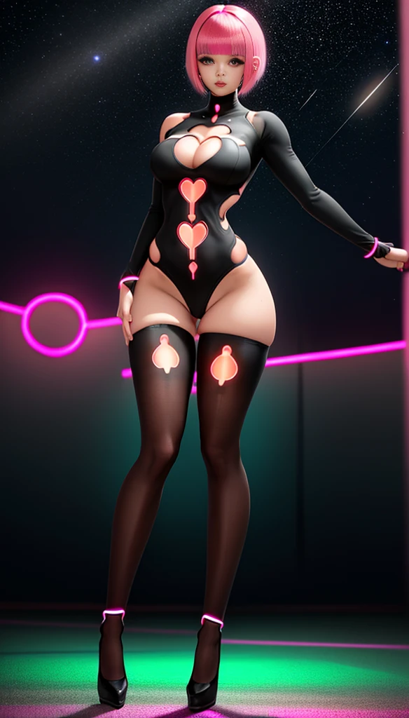 pink hair, (short bangs hair:1.36), wide hips, slim hourglass figure, narrow waist, depth of field, 1girl, (neon starry girl next door:1.3), (on a   background:1.3), (full body:1.4), pose, [:intricate, formal costume design:0.2], muscular, zettai ryouikia, big breasts, wide hips, athletic thicc perfect hourglass figure,skindentation, ((thigh cutout:1.3):1.2), (((dark skin:0.6)))