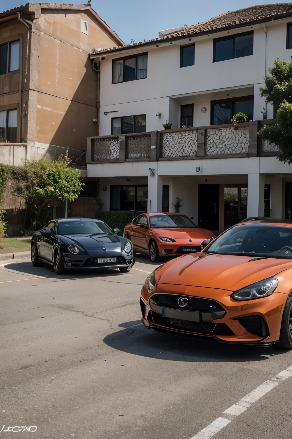 Create a scenario with three orange sports cars, azul e vermelho cada um. with the title "Luckiex Motors. Intermediando sonhos"