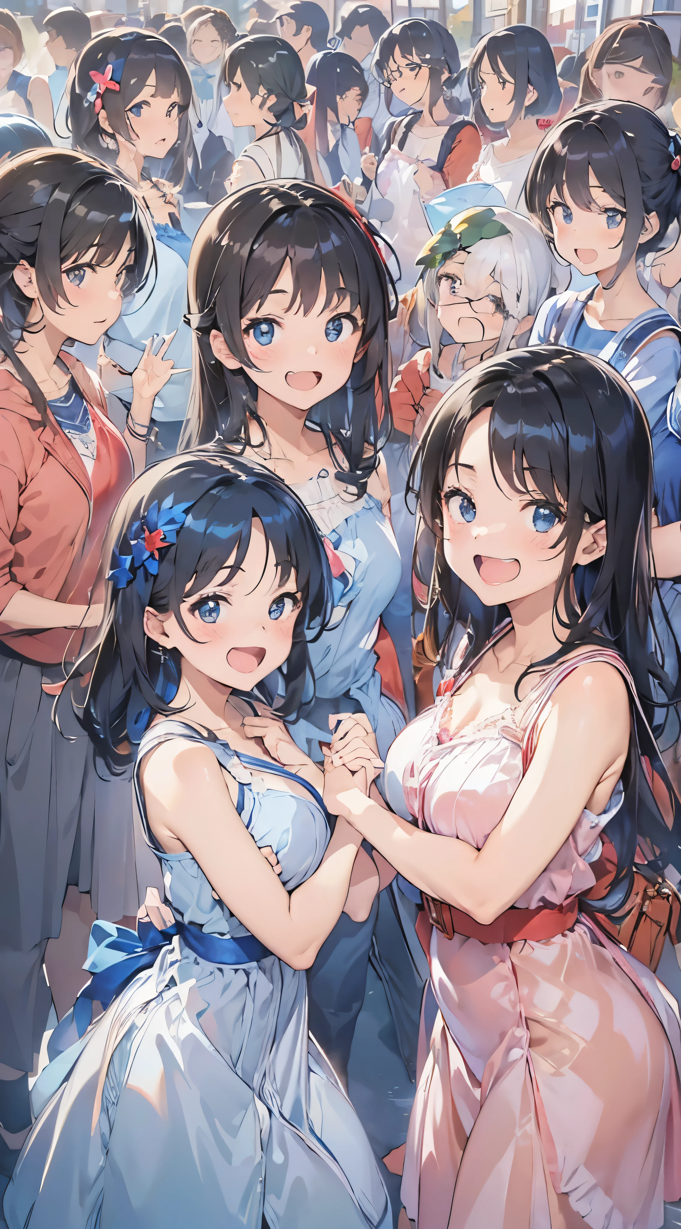 1womanl,Black hair,14years ,(()),Beautiful breasts,(((sexy white and blue shiny cheongsam)))(())(((Blushing cheeks、Smile with open mouth)),(((Satin Narico))),((( portlate))),(,Crowds