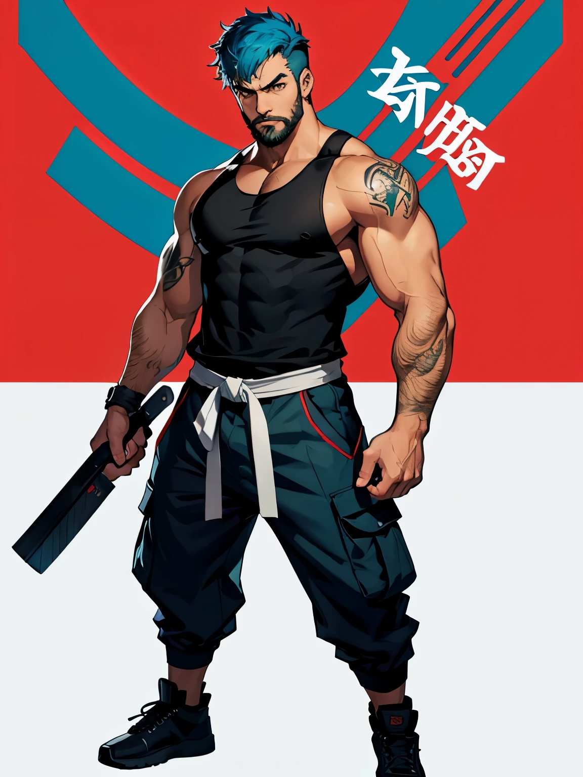 Two characters, both facing each other, in fighting stances Dojo Background, with Persona 5 game Artsyle, First charactera muscular young man with cyan blue hair in a undercut hair and tanktop and cargo pants outfit has a Short Trimmed beard no tatoos badass has a relaxed expression, Second Character is a young man with small beard wearing a karate uniform is very big muscular has long black hair have serious expression body hairless