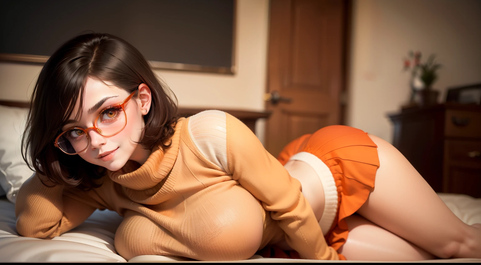 HD, 8k quality, masterpiece, Velma, (1girl, solo girl) dream girl, huge breasts, beautiful face, kissing lips, short bob straight hairstyle, long bangs, perfect makeup, realistic face, detailed eyes, jade green eyes, brunette hair, eyelashes, bedroom, laying on bed, eyes at viewer, ((orange sweater)), turtleneck sweater, clear lens glasses, ((red skirt)), schoolgirl skirt NSFW, lip biting, grin, white panties, full body,