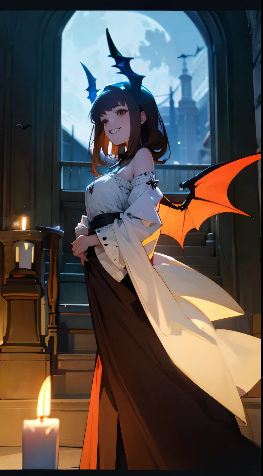 Anime style, better quality possible, dark night full moon, perfect body pale, albine evil gothic vampire woman, dark brown hair, brown eyes, she has open bat wings, wearing very transparent gothic dress, she smile and shows vampires teeth, she is in stairs, ambient living room of colonial castle, big open windows show night time and full moon, iluminated by candles