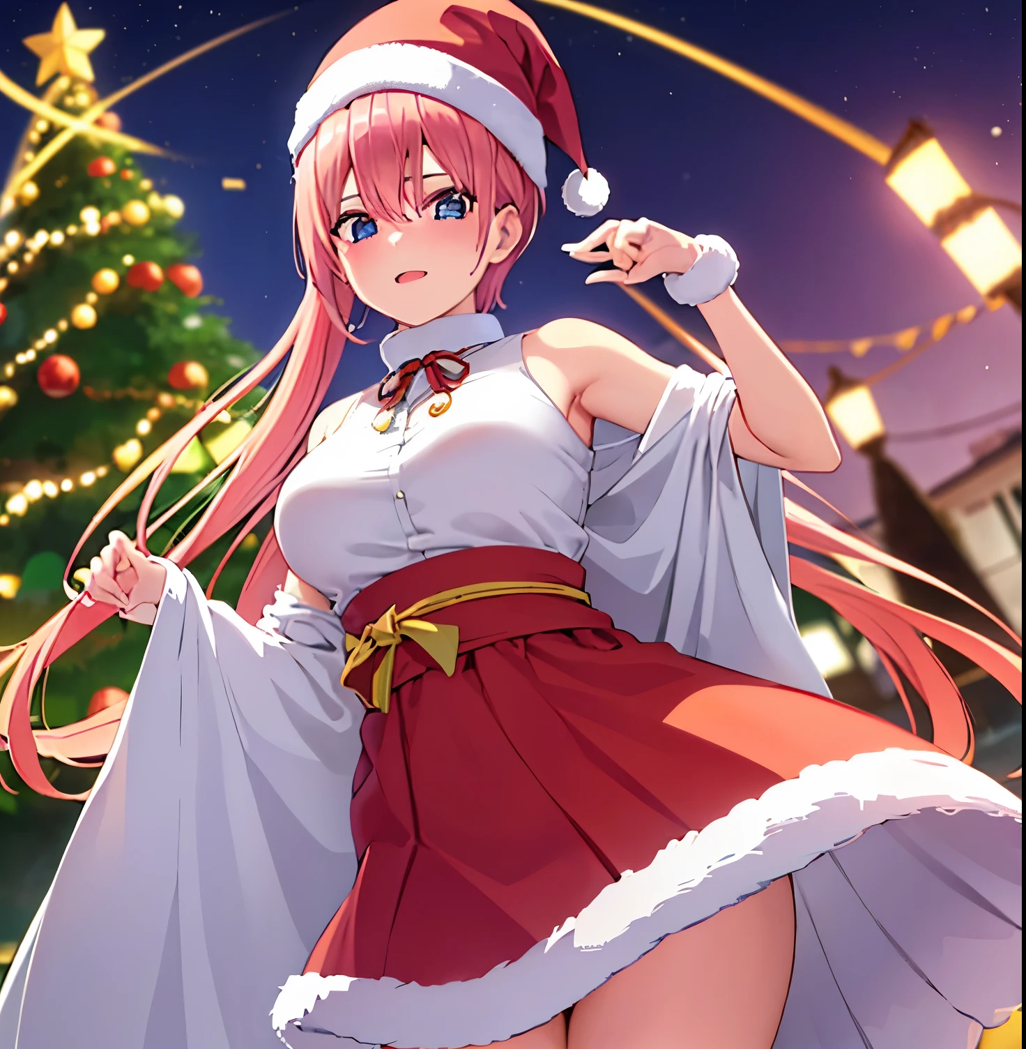 1chica,sola, ichika nakano, flequillo, ojos azules, pelo entre los ojos, Ahoge, Salmon pink hair, pendientes en las orejas, pelo corto,red Santa suit with white details, escote, red Santa hat with white details, Calcetines blancos, al aire libre, Street decorated with Christmas lights., En pie, REST mirando al espectador, (Disparo de vaquero), QUEBRAR, (Obra maestra), La mejor calidad, High resolution, Unidad de papel tapiz 8K, (插圖), (ojos hermosos y detallados cara extremadamente detallada, Perfect lighting, CG extremadamente detallado, (Manos perfectas, Perfect anatomy), senos grandes, cintura media, caderas anchas, muslos anchos,