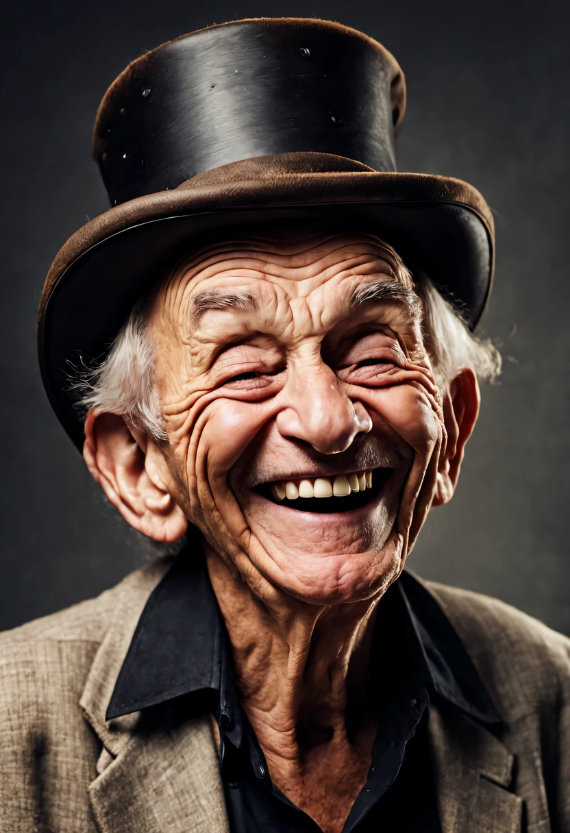 Portrait photo of an old man 75 years old., the man laughs a lot, the man is very old, old wrinkled skin, pigment spots on the skin, senile appearance and aged skin, Happy expressive eyes, Loud laughter, Looks happy, fine art photography, studio lightning, cinematic photo processing, Maximum realism, high detail, clearly show skin texture, high detailed eyes, notice the emotions of laughter and happiness, black top hat on head