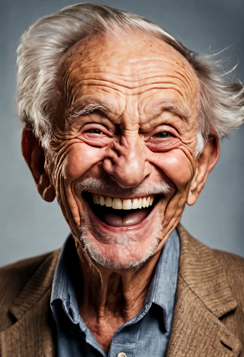 Portrait photo of an old man 75 years old., the man laughs a lot, the man is very old, old wrinkled skin, pigment spots on the skin, senile appearance and aged skin, Happy expressive eyes, Loud laughter, Looks happy, fine art photography, studio lightning, cinematic photo processing, Maximum realism, high detail, clearly show skin texture, high detailed eyes, notice the emotions of laughter and happiness, black top hat on head